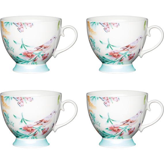 Set of 4 KitchenCraft China White Birds Mugs