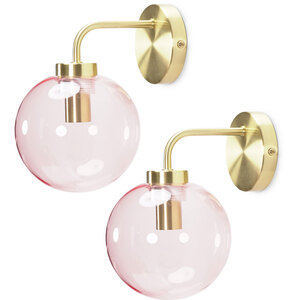 Frenchie Pair of Pink Glass Globe Single Gold Stem Wall Lights