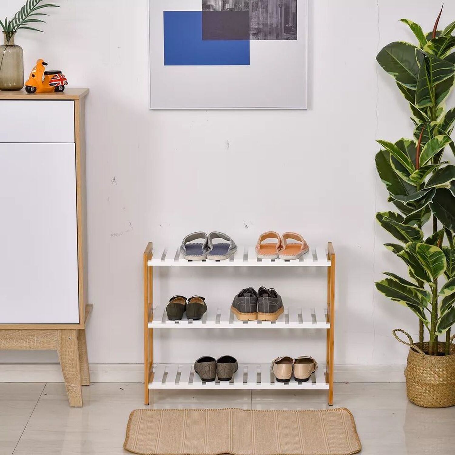 3-Tier Shoe Rack Slatted Wood Frame