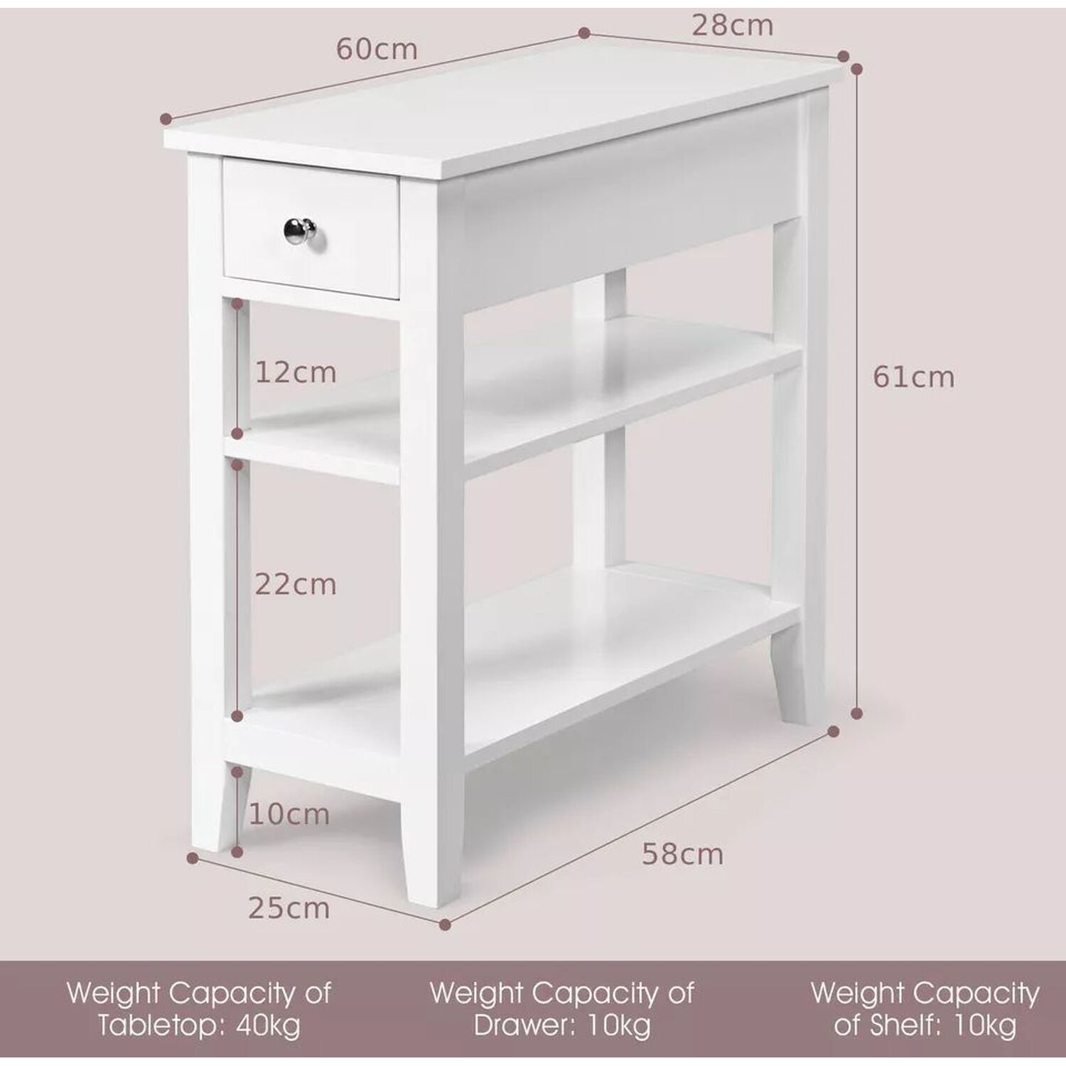 Narrow White Bedside Table With Drawer And 2 Shelves - White
