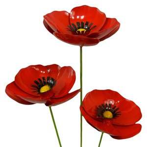Set of 3 Metal Poppies on 100cm stick Red