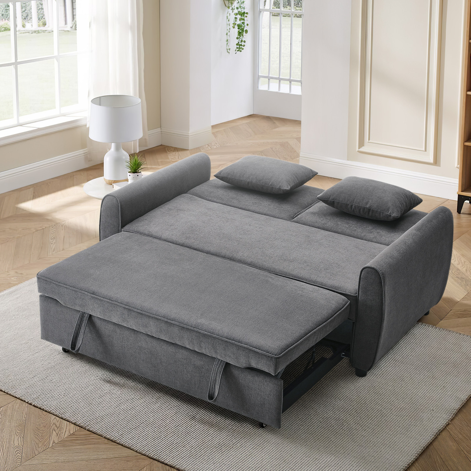 Fabric Convertible Sofa Bed With Two Pillows - Dark Grey