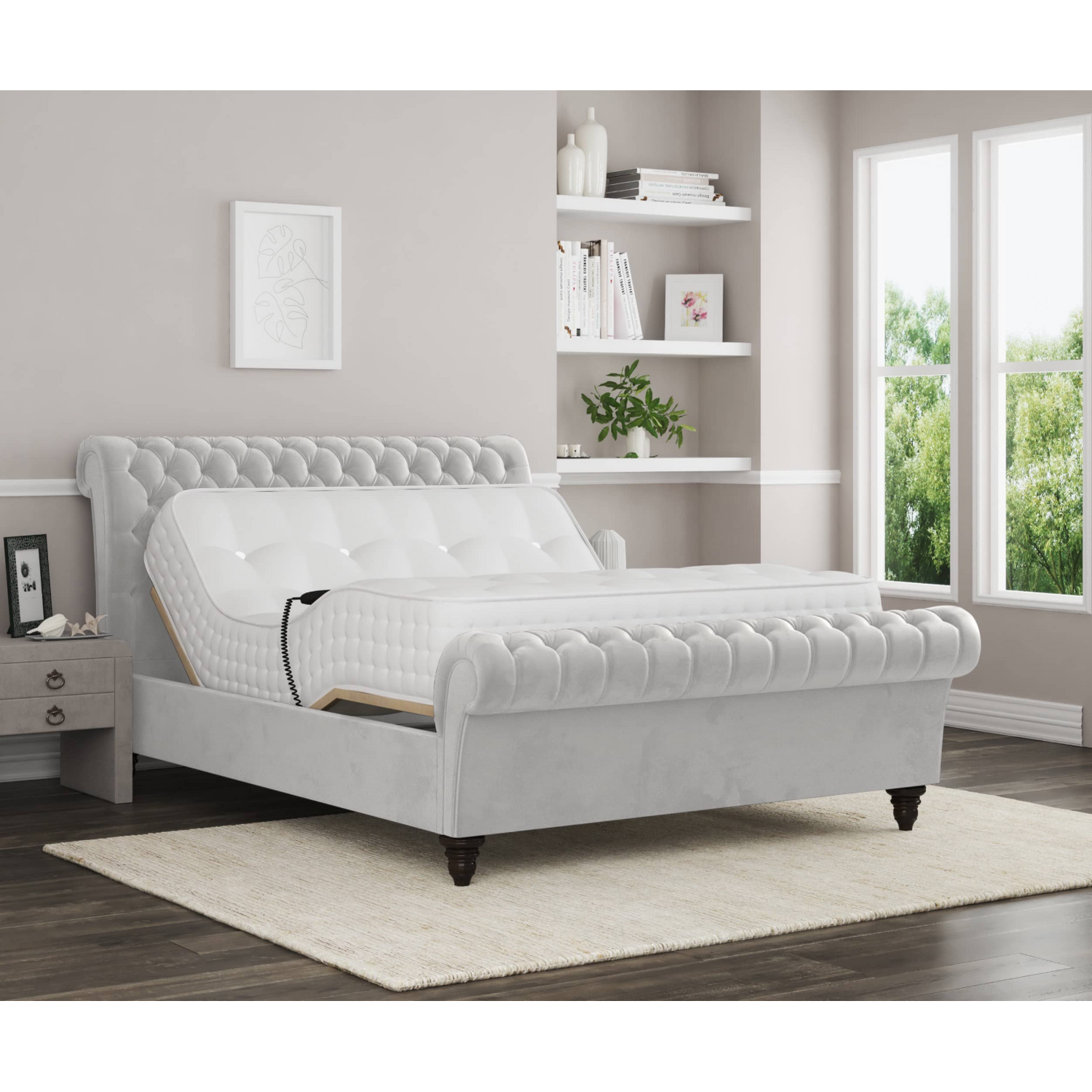 Lucia Electric Adjustable Upholstered Sleigh Bed Frame - Off White King