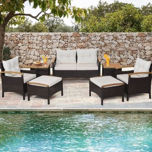 7 Piece Patio Rattan Set Outdoor with Cushions and Ottomans
