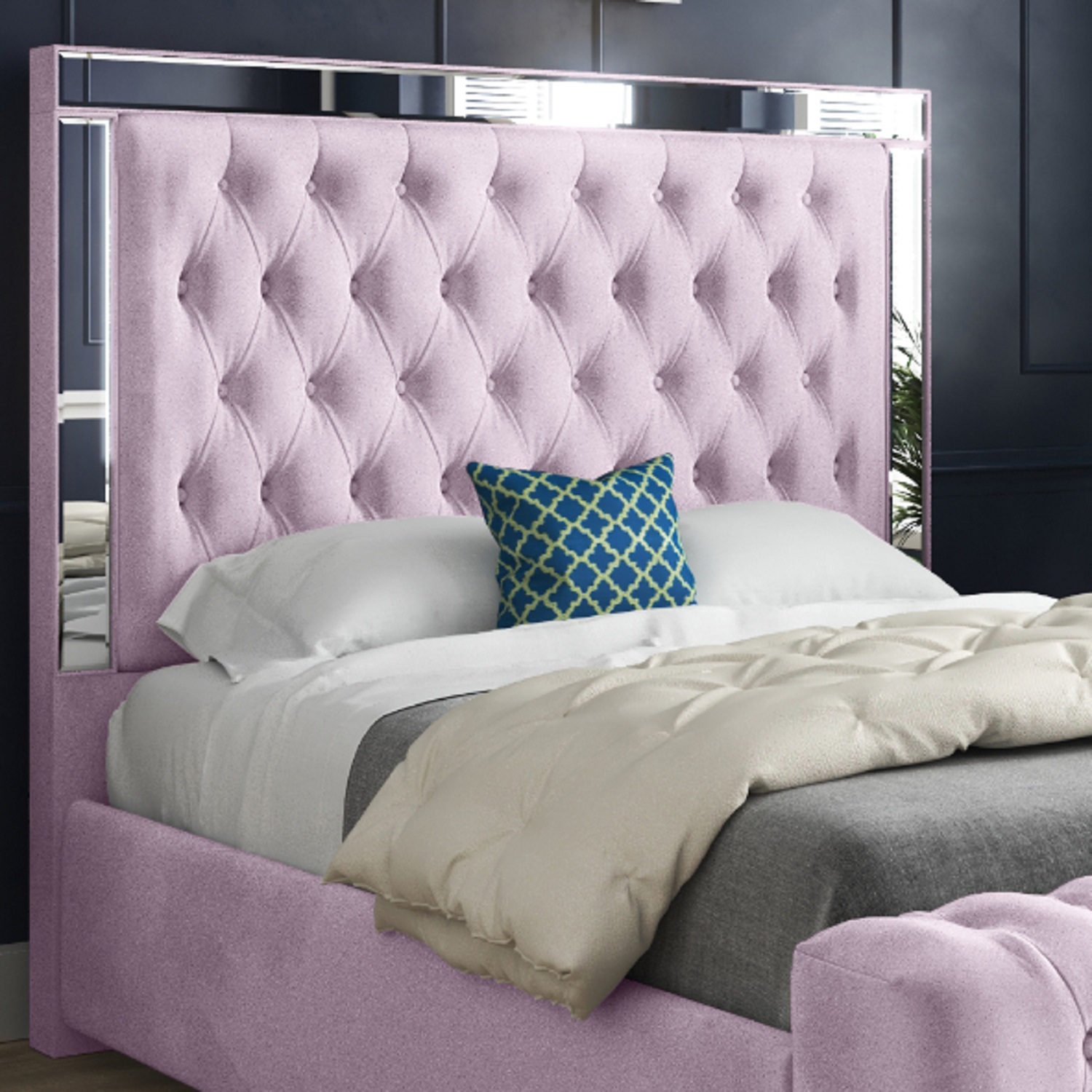 Gemia Soft Velvet Upholstered Mirror Bed Frame - Pink Small Single