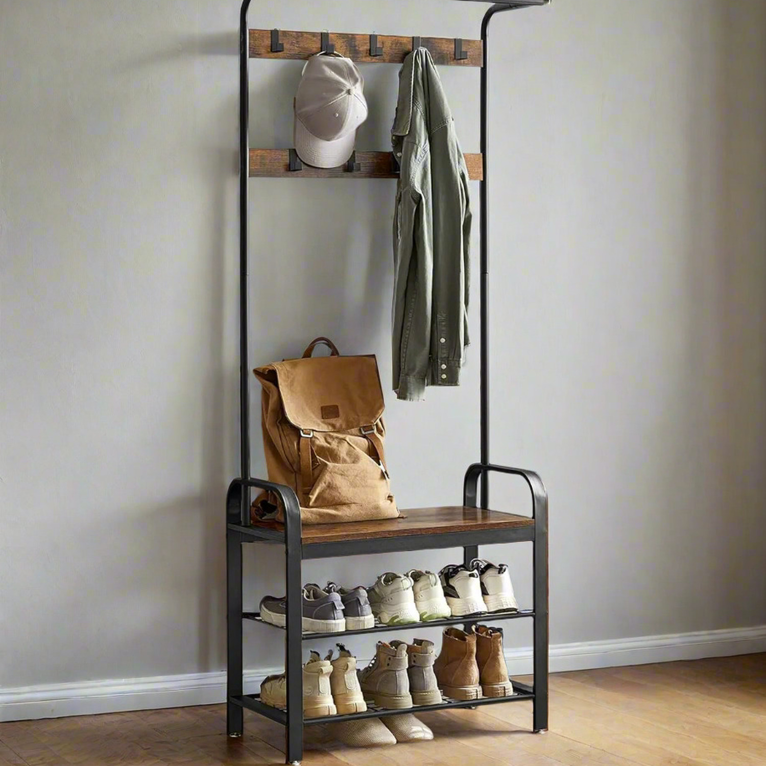 Industrial Coat Rack and Shoe Bench