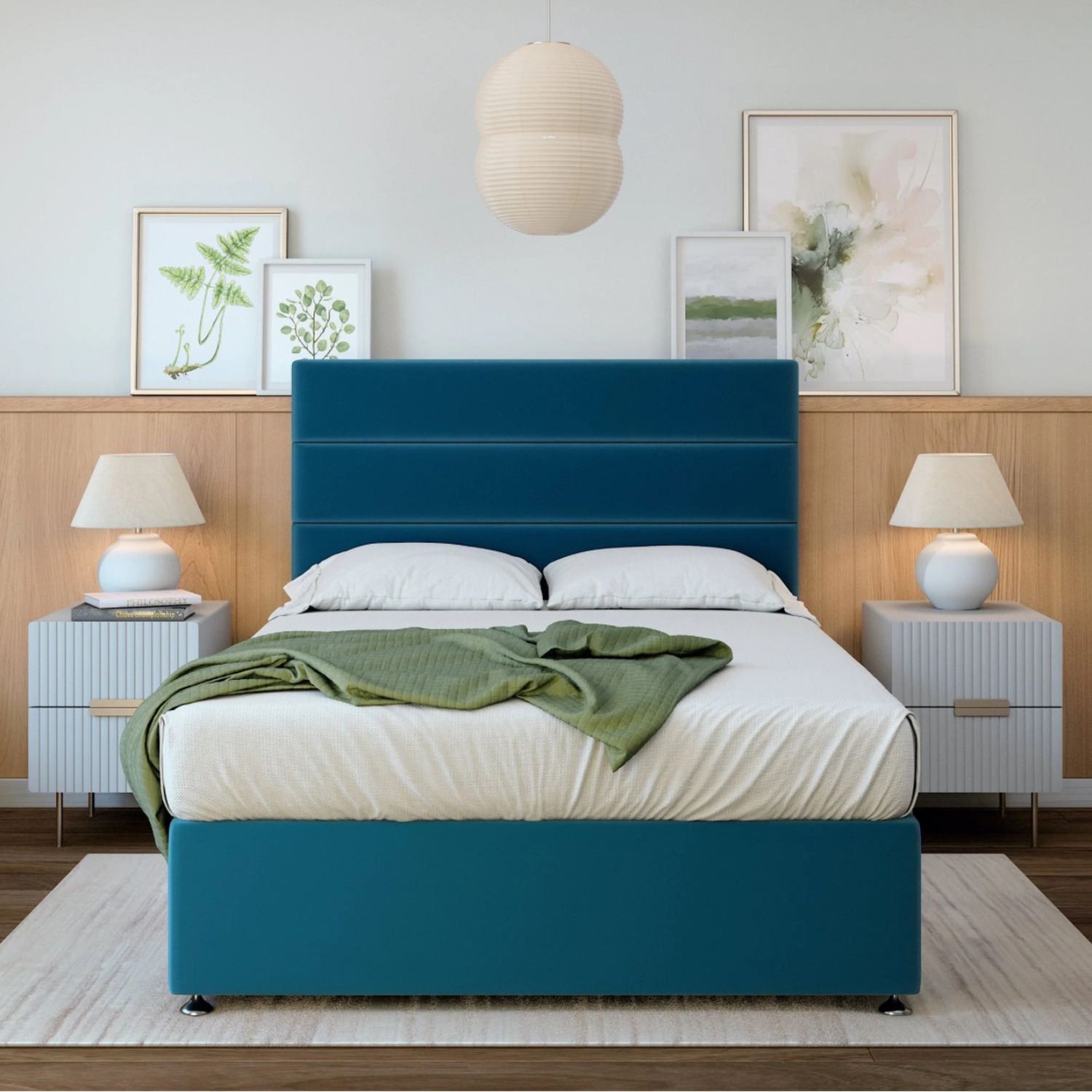 Plush Velvet Divan Base With Storage And Lined Headboard - Colour Options - Marine Blue Small Double 40kg