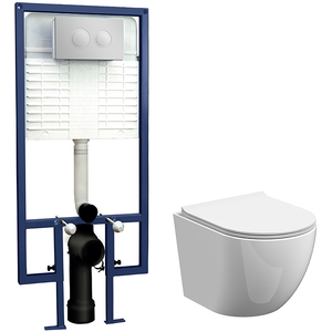 Wall Hung Toilet Pan, Seat Concealed Cistern Push Button Plate, 323mm