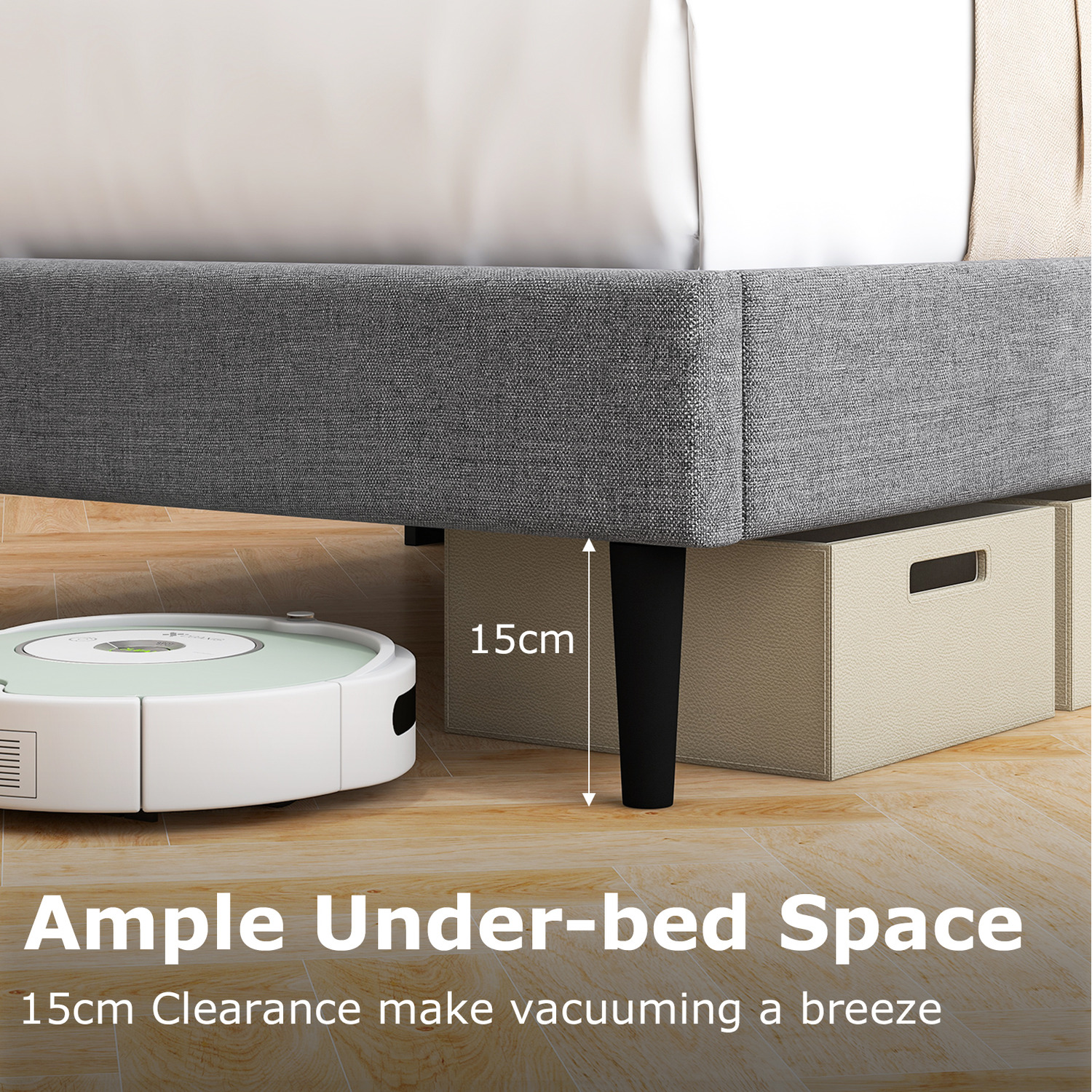 Linen Upholstered Platform Bed - Grey Double