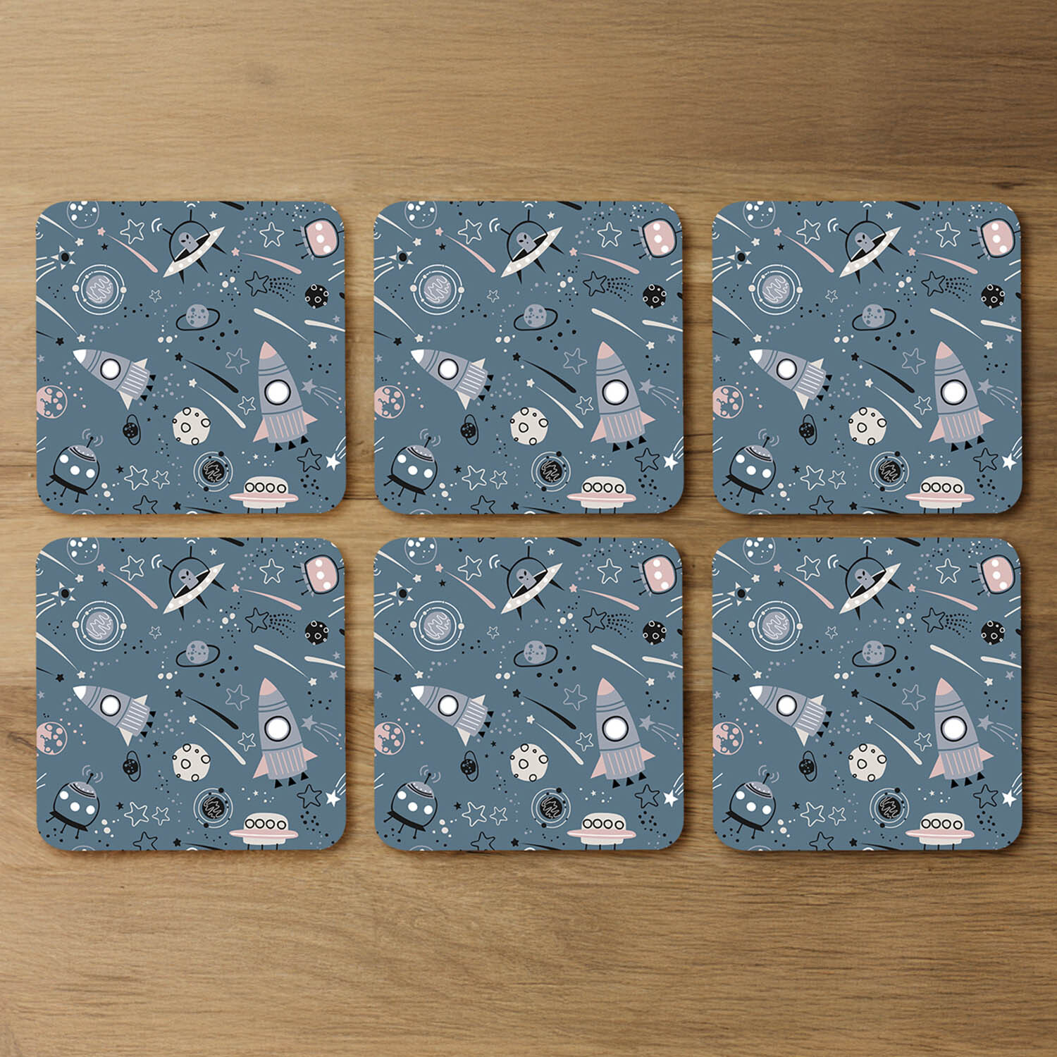 Spaceships And Planets With Stars Coaster - Blue