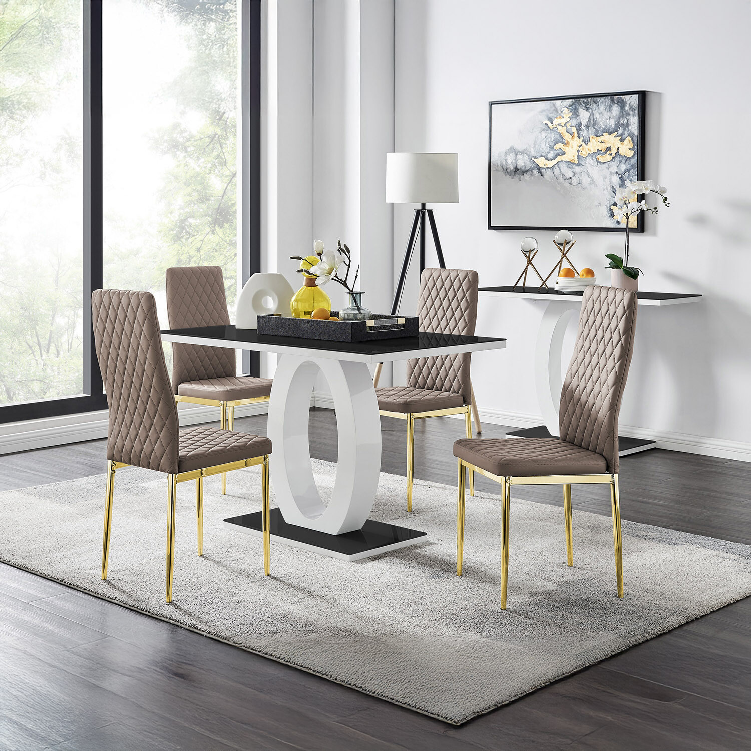 Giovani Black Dining Table With Four Milan Gold Leg Chairs - Cappuccino