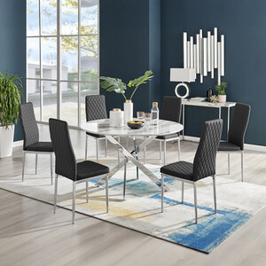 Novara White Marble Effect 120cm Dining Table and 6 Milan Chrome Leg Chairs