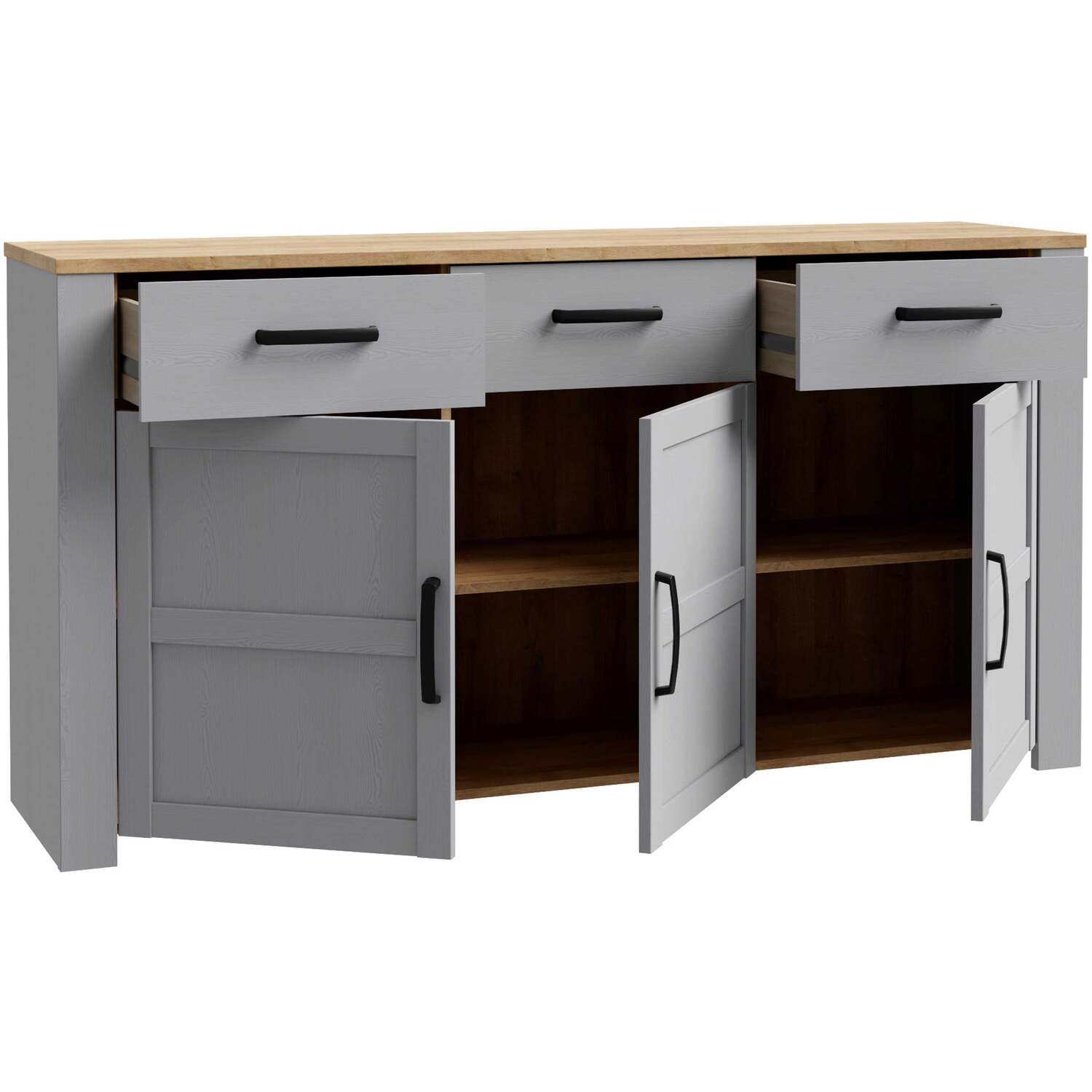 Wyld Haus Bramblecroft Wide Sideboard in Grey and Natural Oak, 3 Door 3 Drawer - Grey