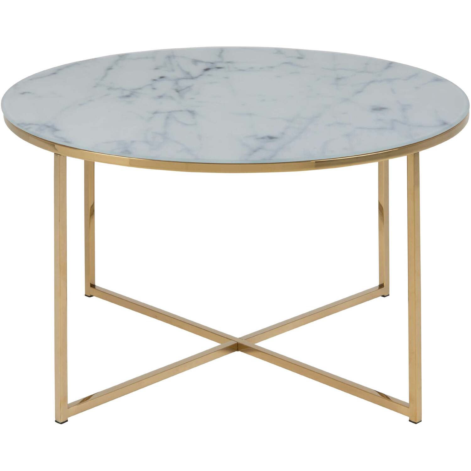 Vodskov 80cm Round Coffee Table - Frosted White Marble-effect Glass Top Gold Chrome Base - White