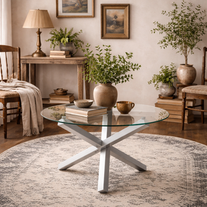 San Sebastian Round Glass Dining Table, Clear Top with Silver Metal Legs, 4-Seater