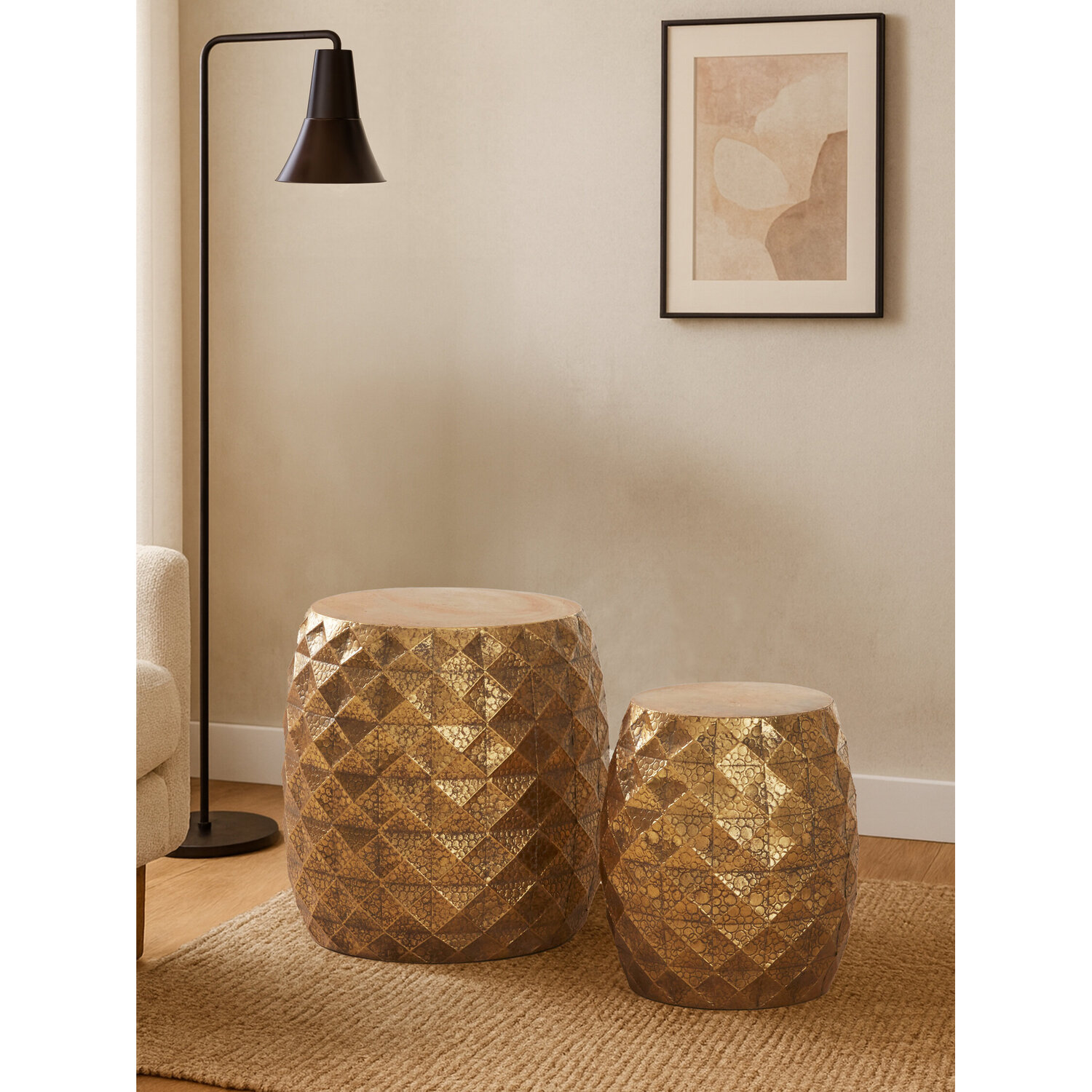 Reza Set of 2 Antique Gold Finish Textured Stools and Tables - Gold