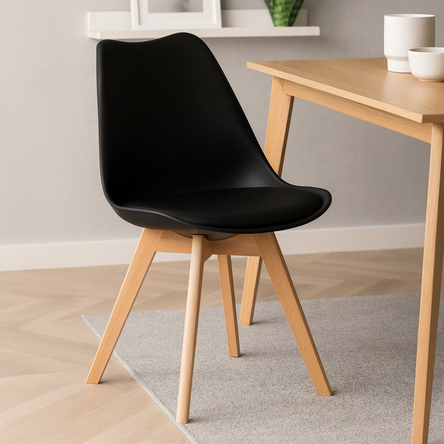 Stockholm Black Chair with Cushion and Beech Wood Legs - Black