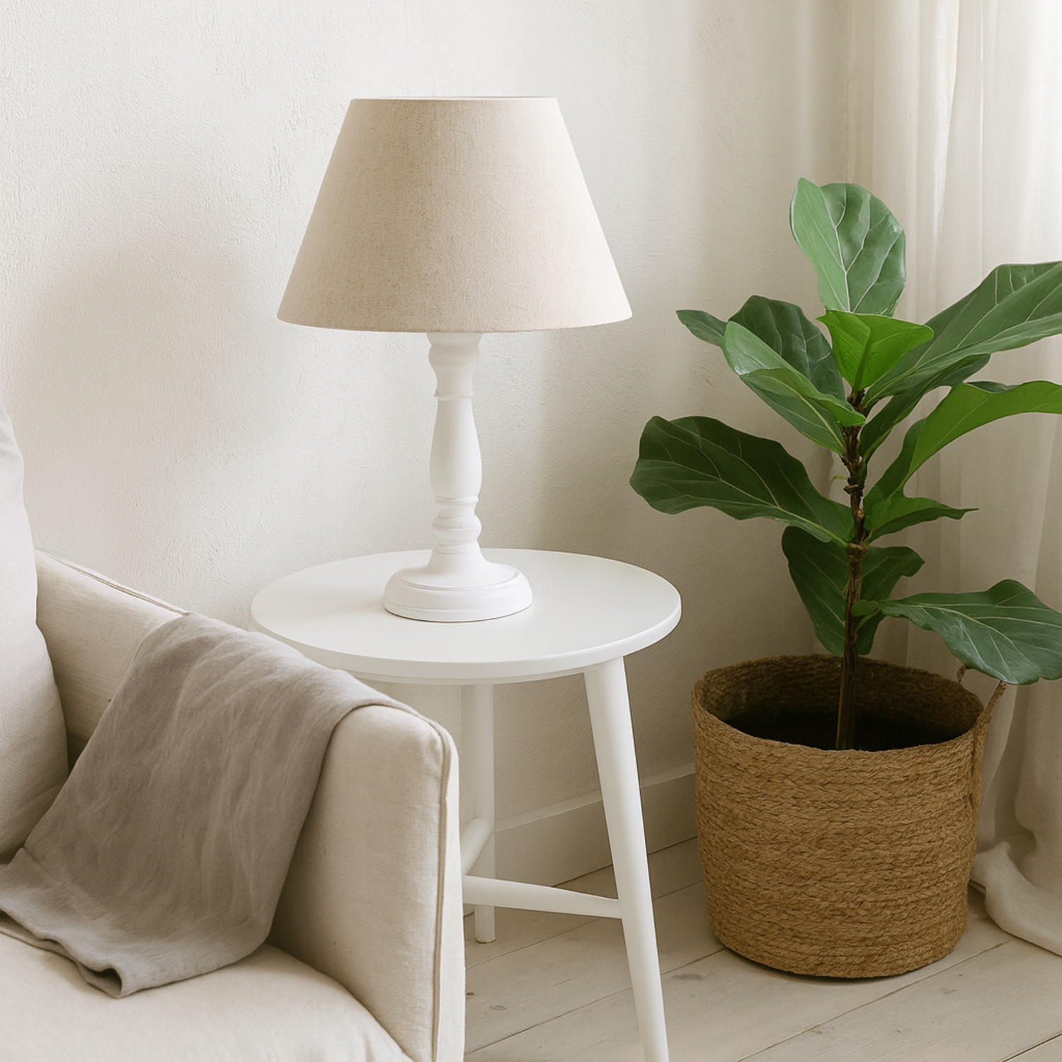 Rome Washed Wooden Table Lamp with Natural Linen Shade - Beige