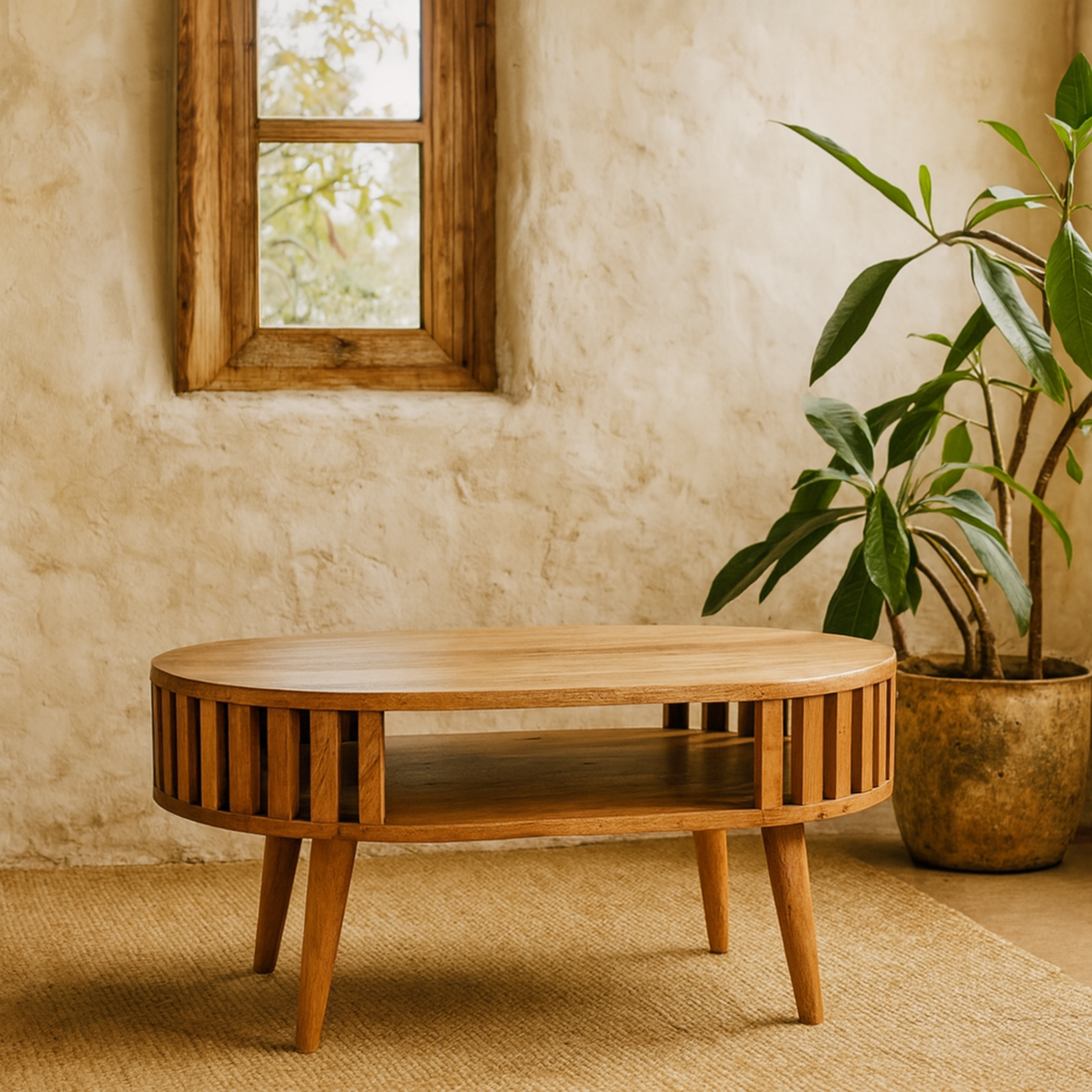 Kaunakakai Slatted Mango Wood Coffee Table Oval Matt - Brown