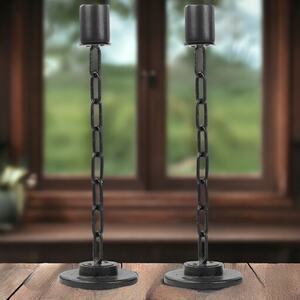 35cm Black Metal Chain Design Candle Holder - Set of 2