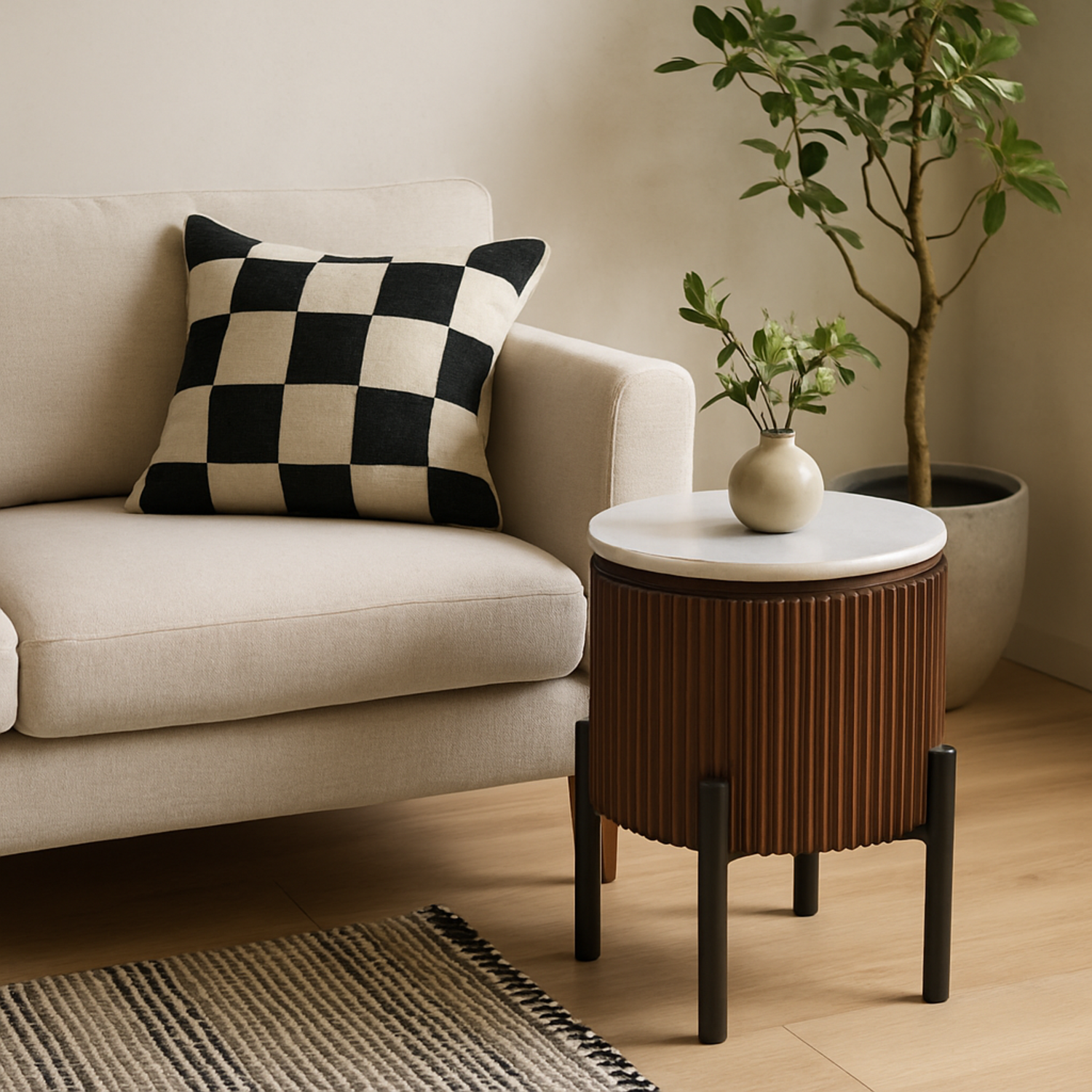 Alabama Ribbed Mango Wood Side Table with Marble Top and Metal Legs - Brown