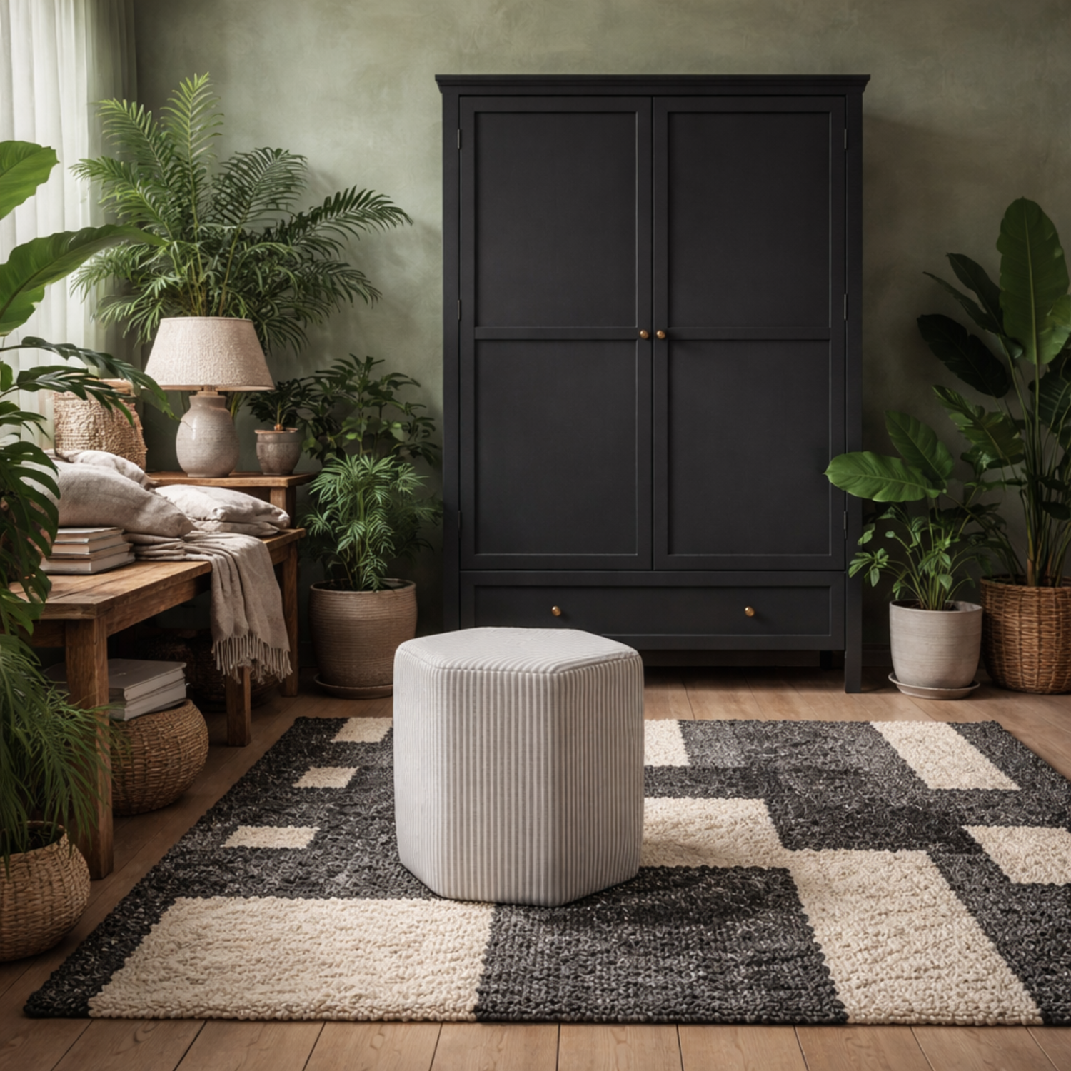 Isabella Hexagon Upholstered Stool and Striped Cotton - Grey