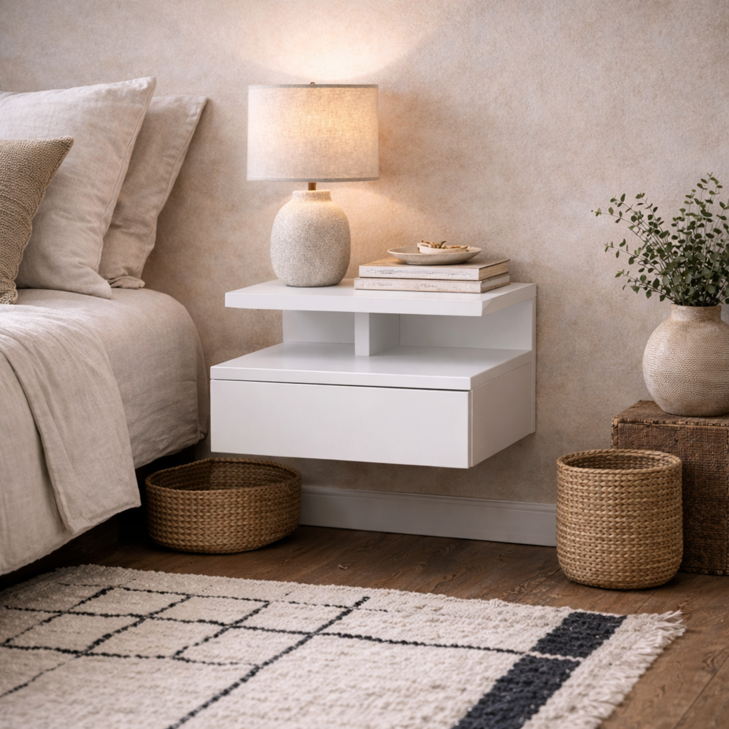 Lincoln Floating Bedside Table Wall Mounted Gloss 1 Drawer and Open Shelf - White