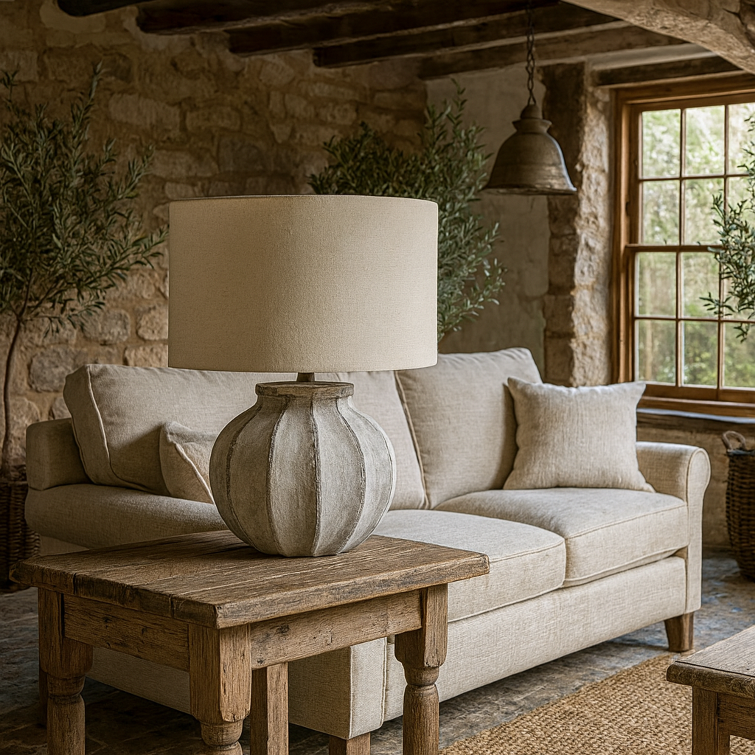 Bari Antique Stone Effect Table Lamp with Natural Linen Shade - Neutral