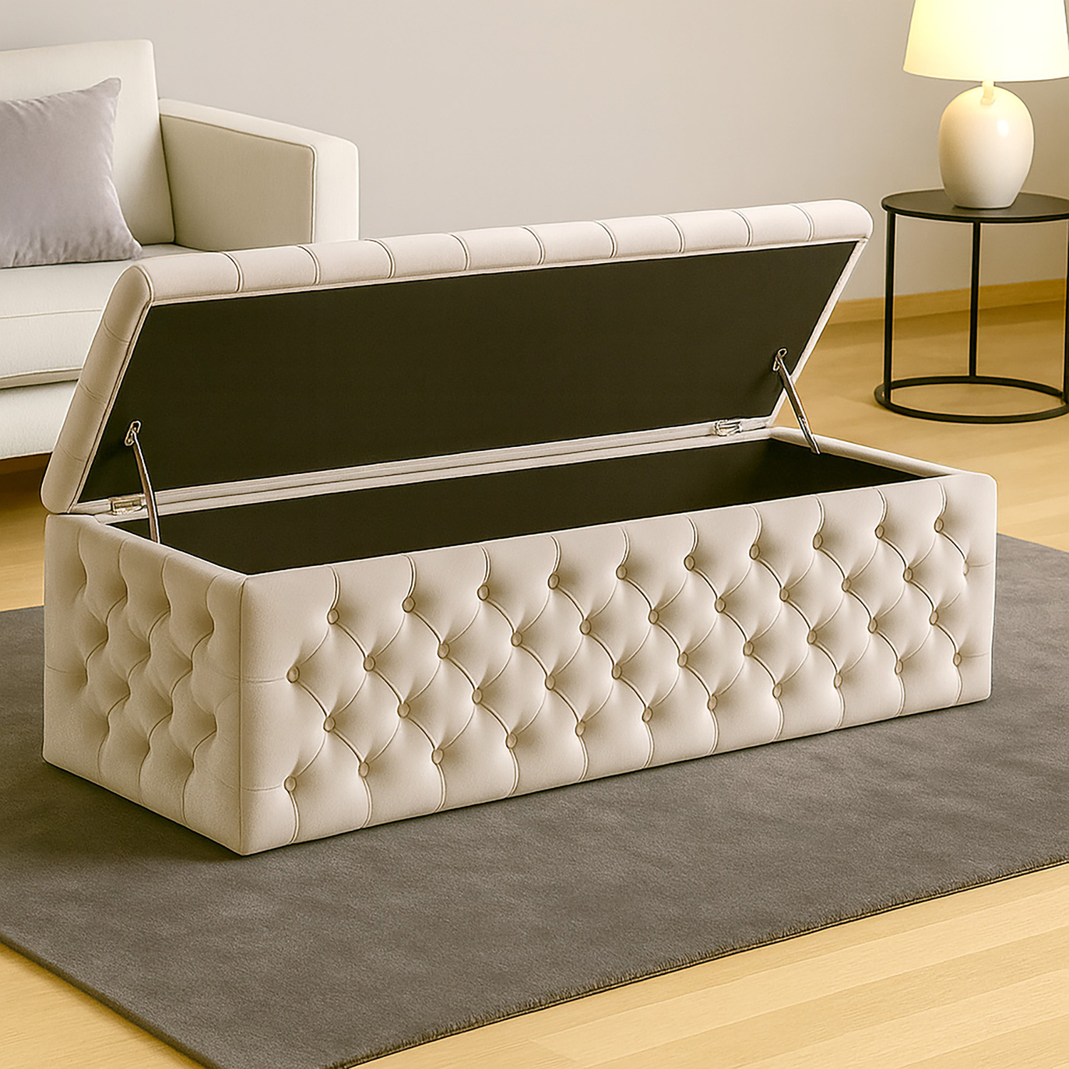 R&M Furnishers Wide Lux Ottoman Storage Box, Red Velvet Upholstered Chesterfield Storage Ottoman Box - Cream Plush Velvet