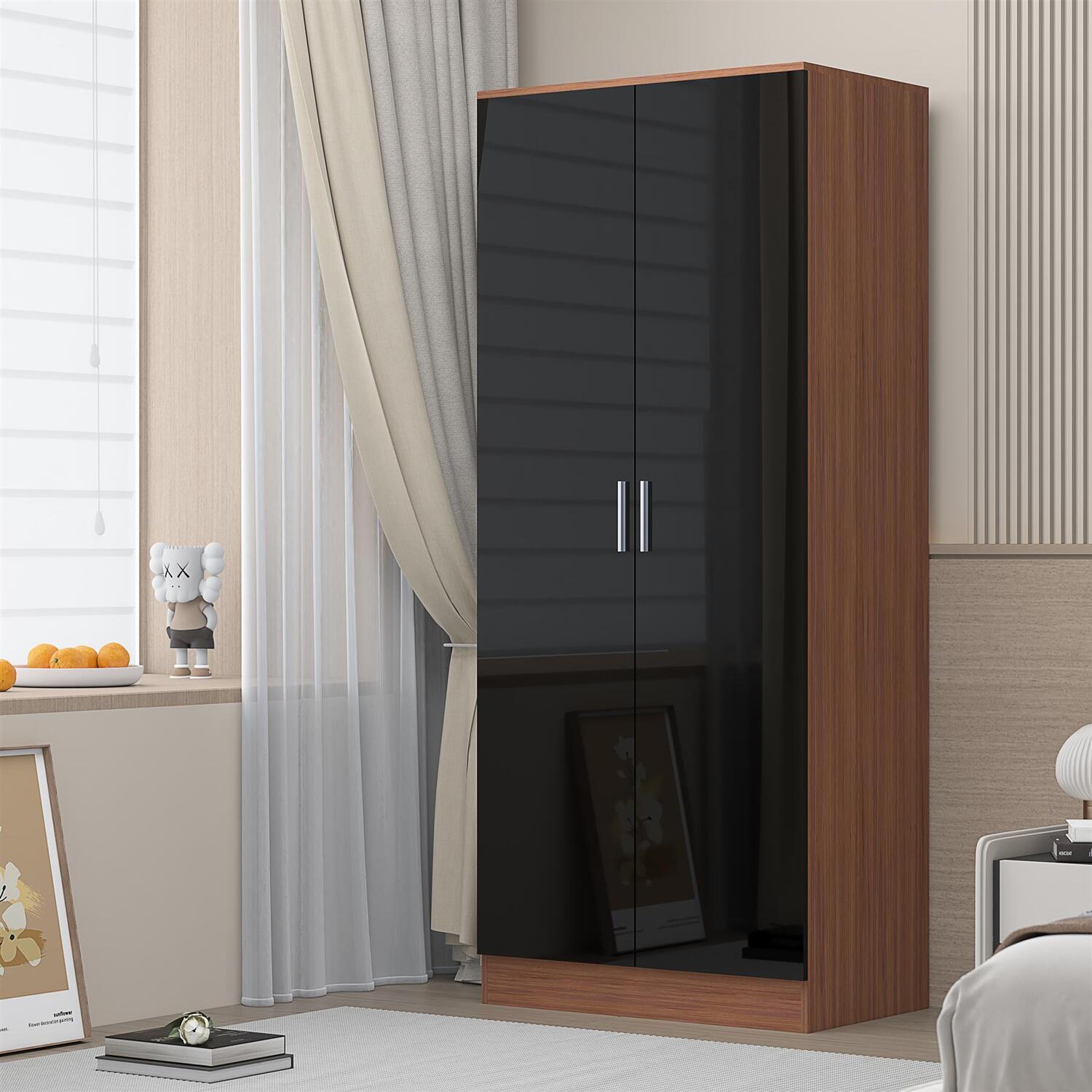 REFLECT Wardrobe 2 Door Plain - Black High Gloss Front / Walnut Matt Finish - Black Gloss / Matt Walnut