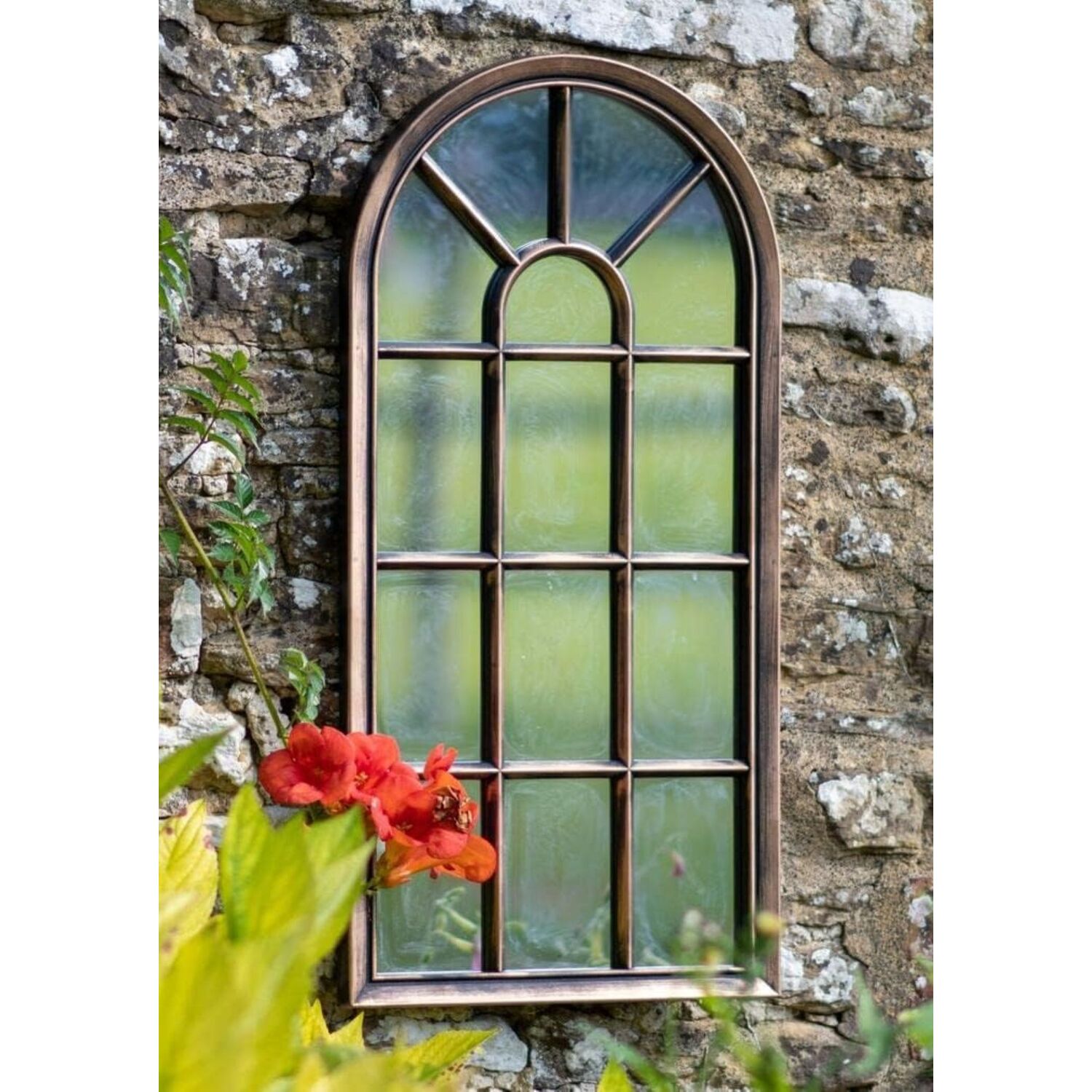Brushed Copper Arched Window Style Mirror Home or Garden - Copper