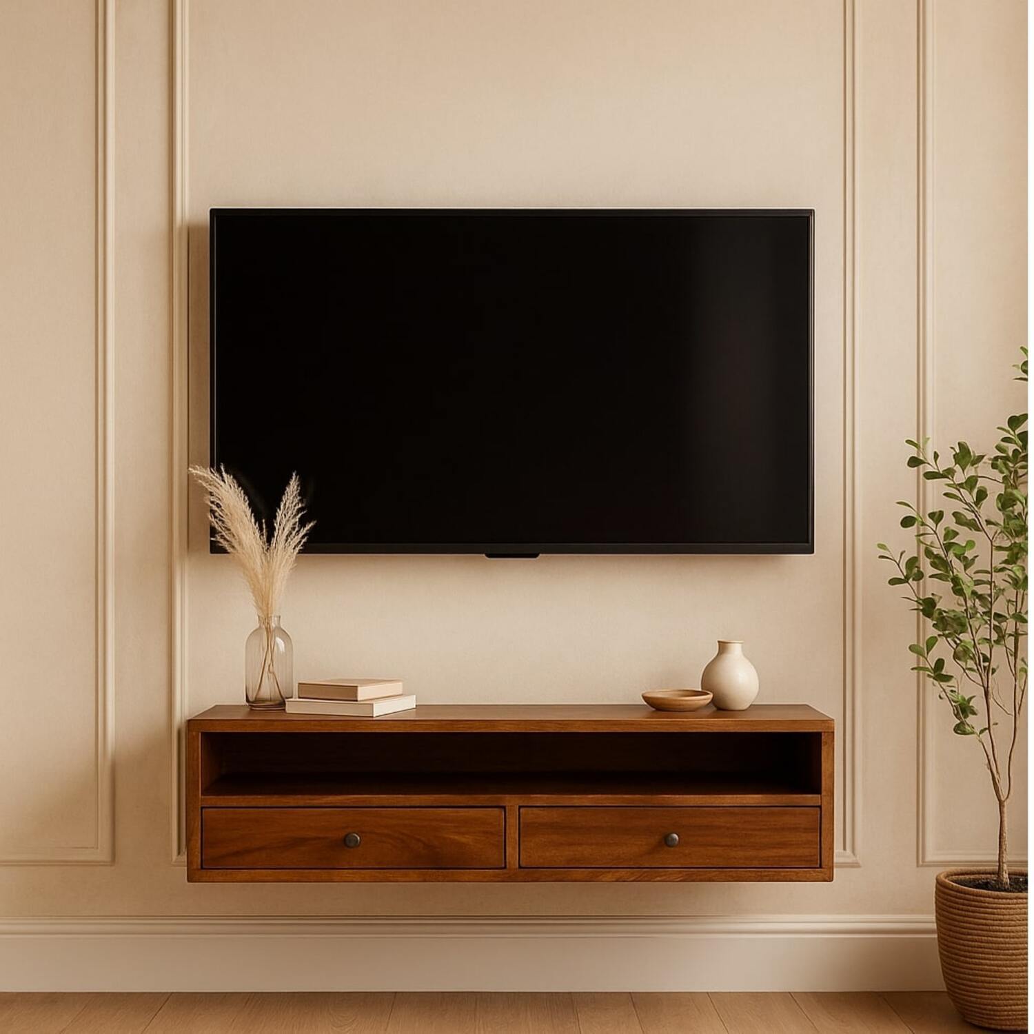 Artisan Furniture Solid Wood Lunar 2 Drawer Chestnut Wall Mounted Media Unit - Brown