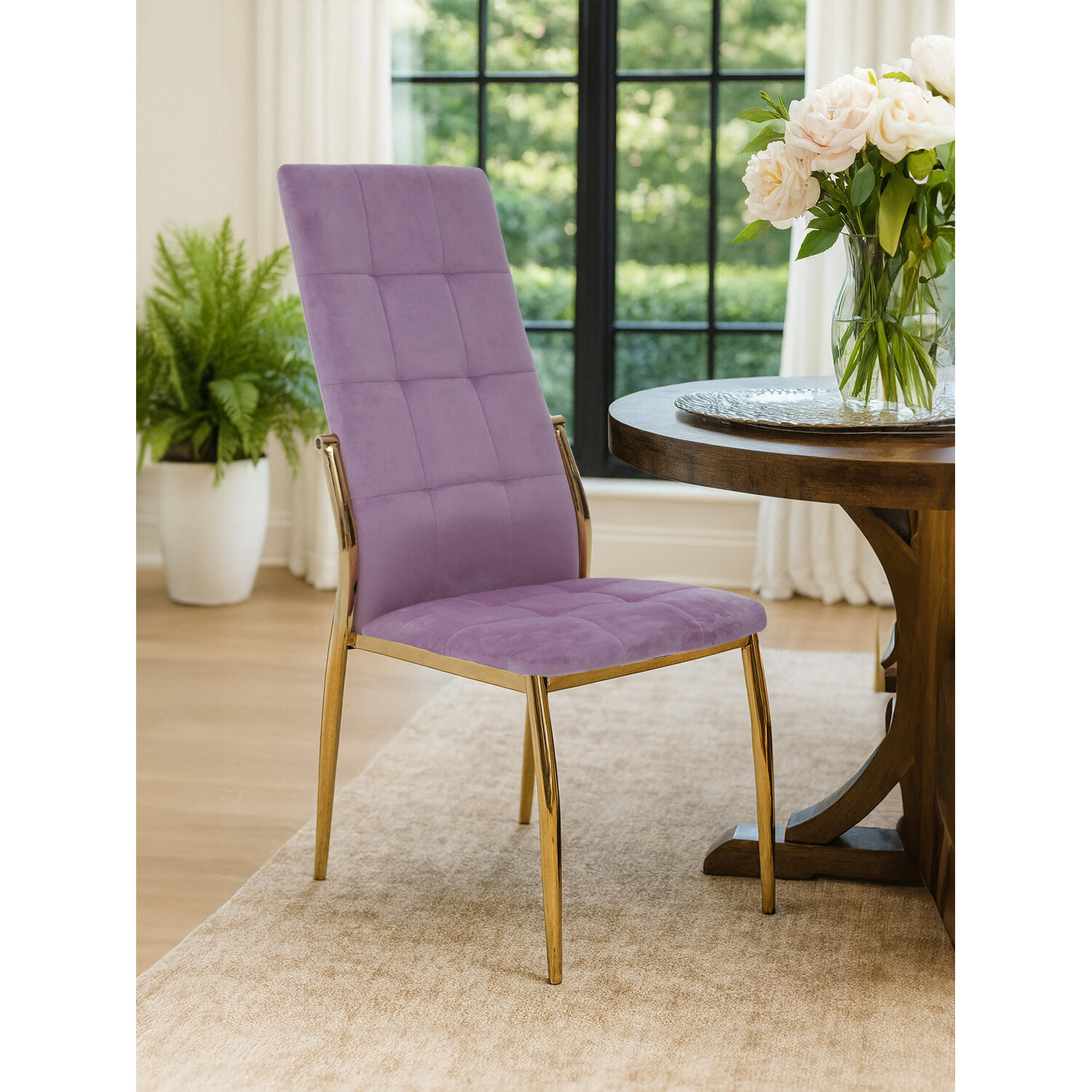Tamzin Pink Velvet High Back Dining Chair - Gold, Pink