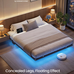 King Floating Bed Frame with LED Lighting, Movable Charging Ports