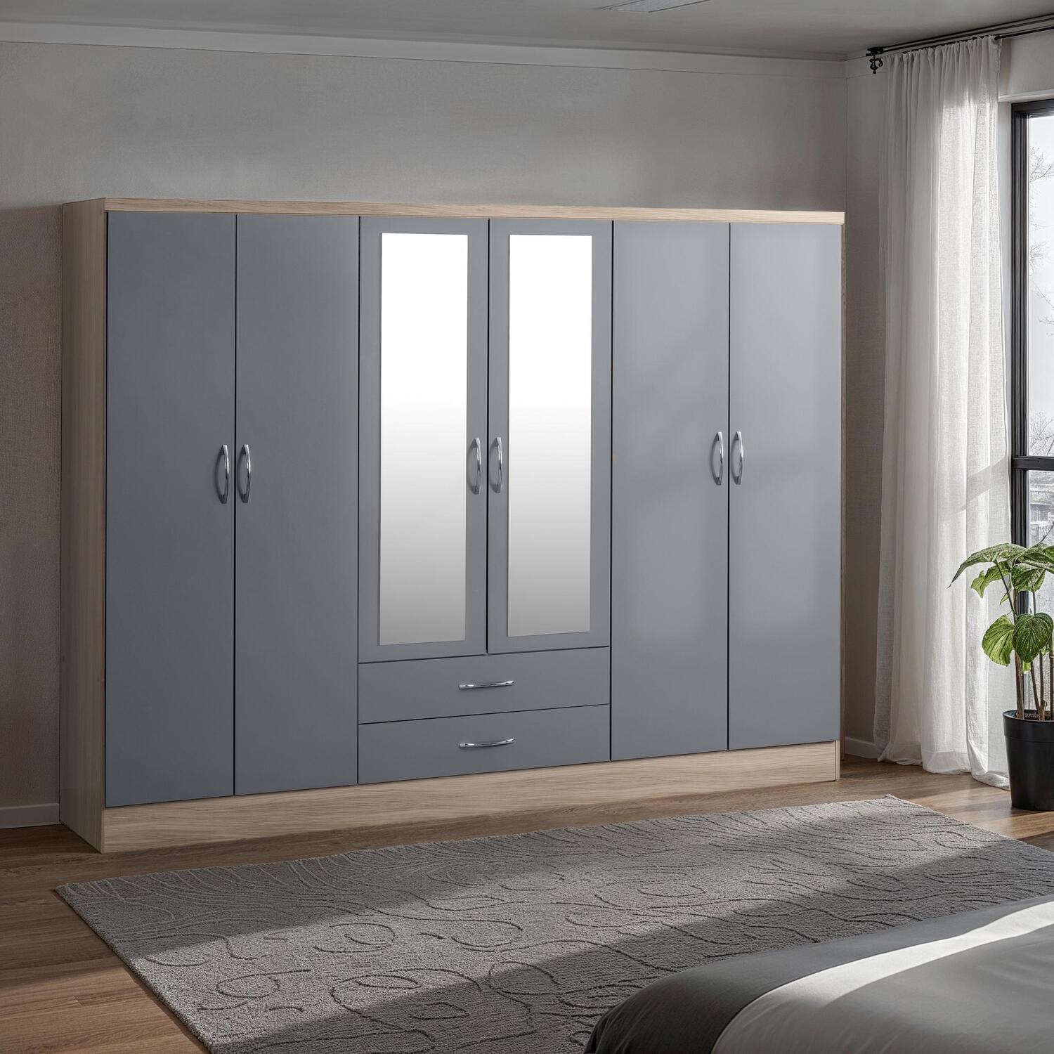 Nevada 6 Door 2 Drawer Mirrored Wardrobe - Grey Gloss, Light Oak