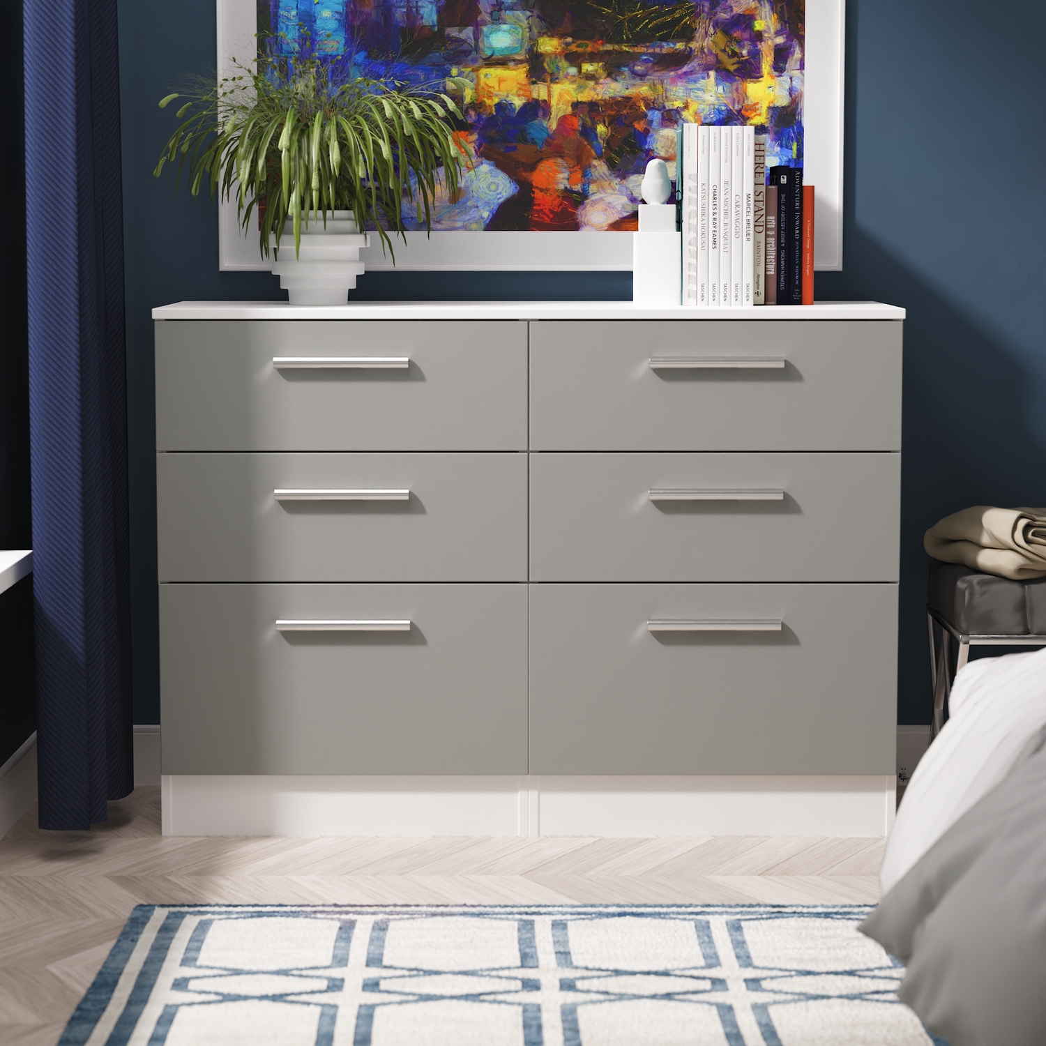 Contrast Ready Assembled 6 Drawer Midi Chest - Dusk Grey & White