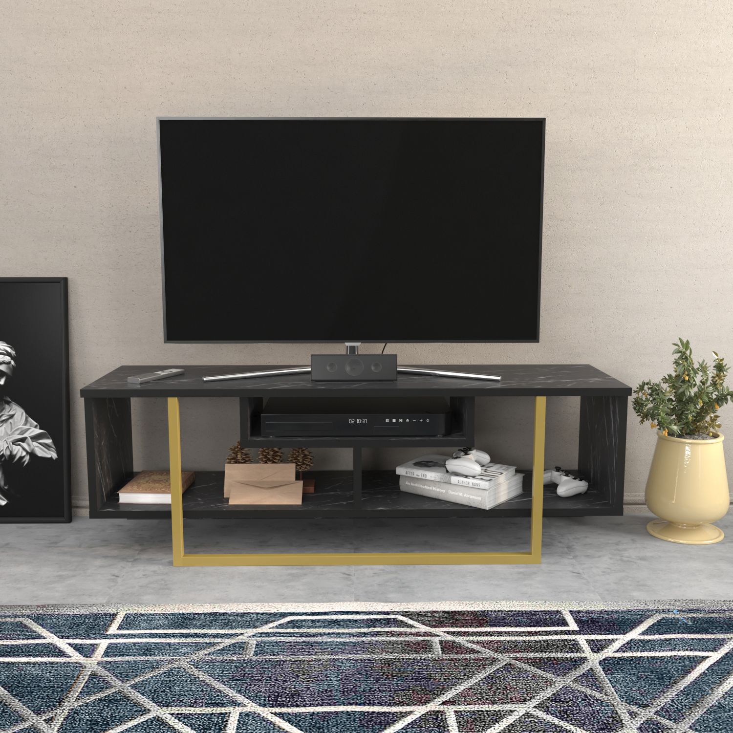 Asal TV Unit - Black Marble Effect and Gold / 0cm / 402.00cm / 47in
