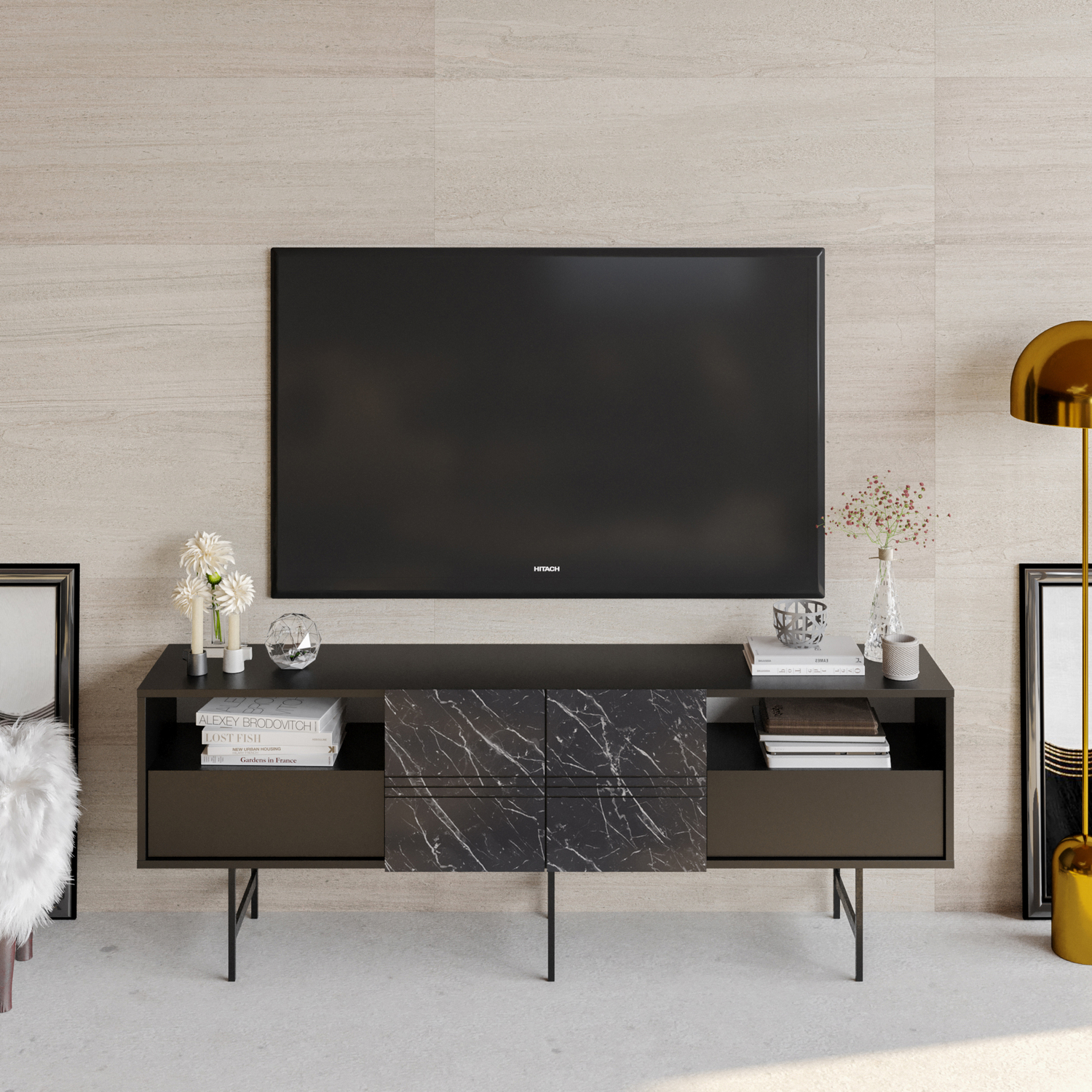 Decorotika Derin Tv Unit Tvs Up To 81" - Black Marble Effect And Black