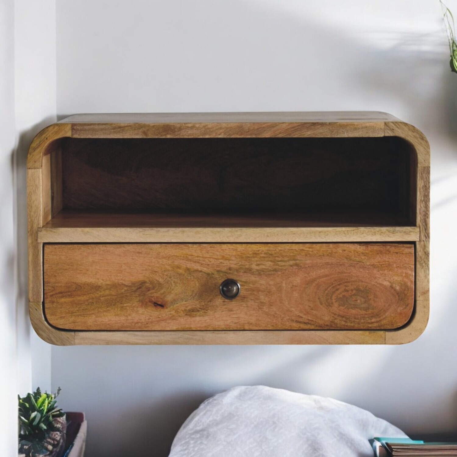 Artisan Furniture Solid Wood Large Oak-Ish Curve Upper Slot Floating Bedside - Brown