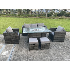 Rattan 7 Seater Gas Fire Pit Dining Set Stools