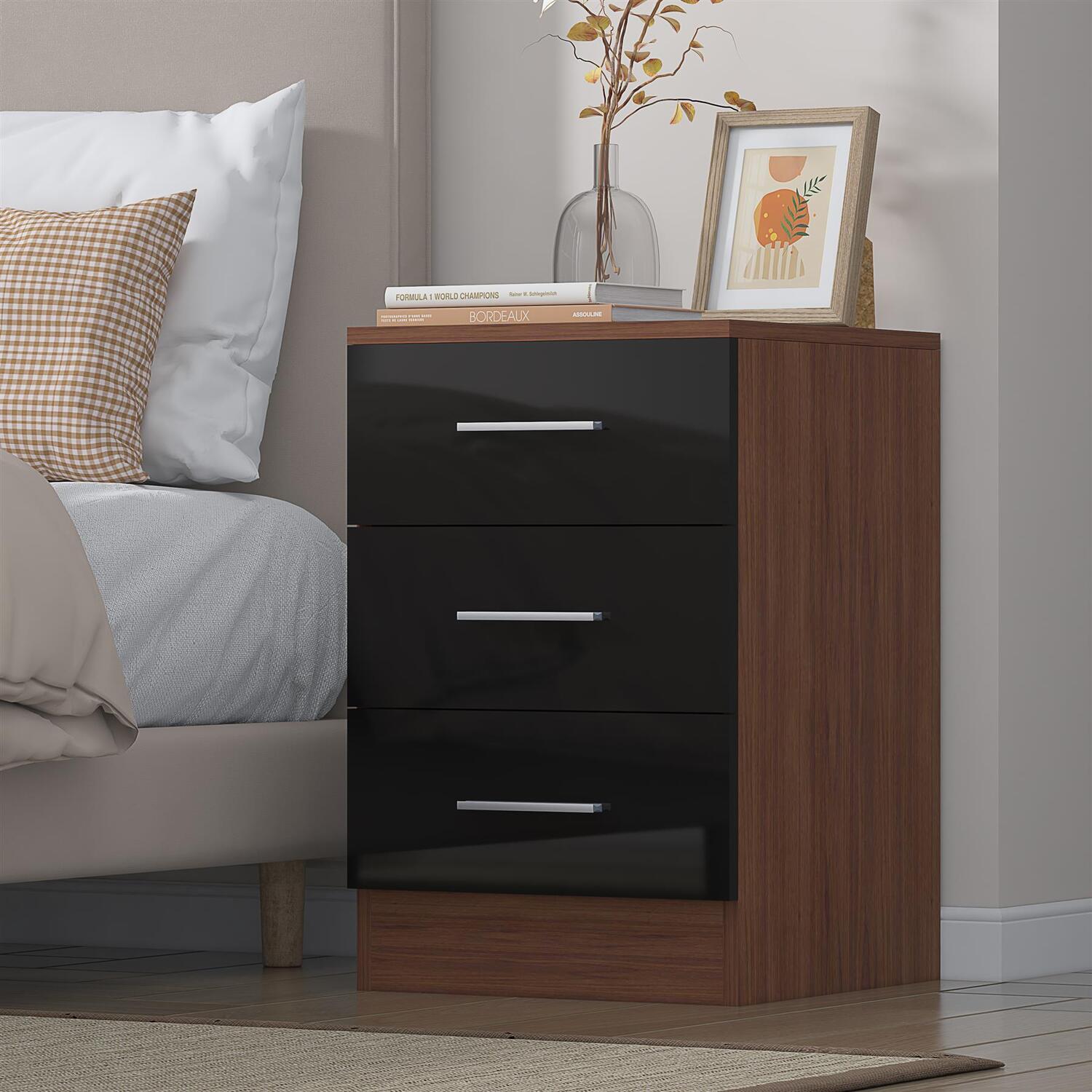 B&Q - 3 Drawer BedsideBlack Gloss & WalnutModern Nightstand For Bedroom StorageH: 59.5Cm X W: 39.5Cm X D: 38Cm - Image 6
