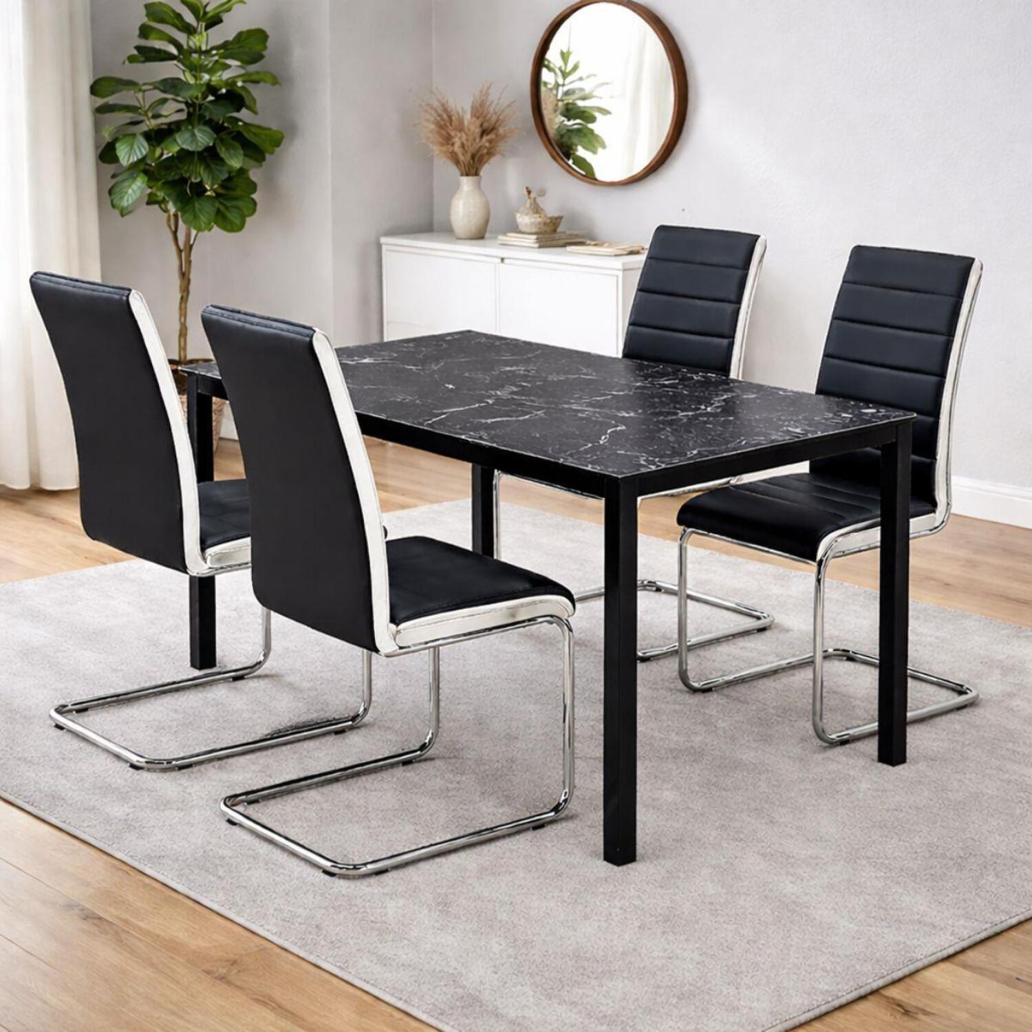 Portland 4 Seater Faux Leather Marble Effect Dining Set Black Chrome - Image 3