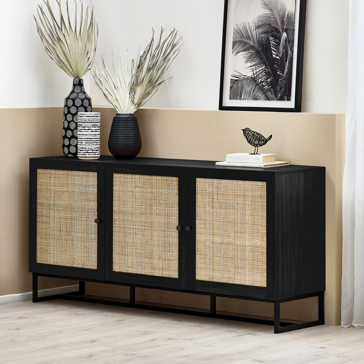 Julian Bowen Padstow Black and Rattan 3 Door Sideboard - Image 5
