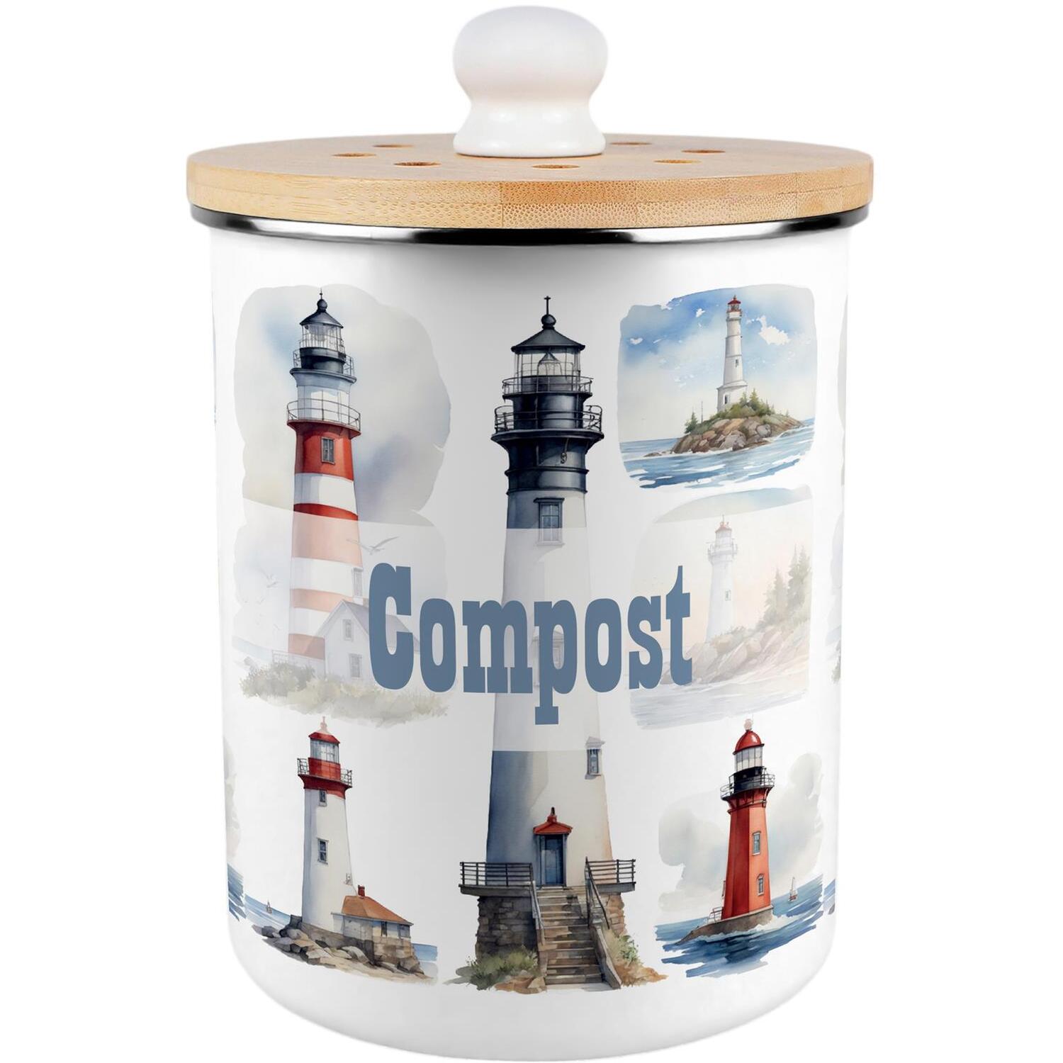 Painted Lighthouses Compost Caddy - Decorative Kitchen Food Waste Bin, 2L - Image 3