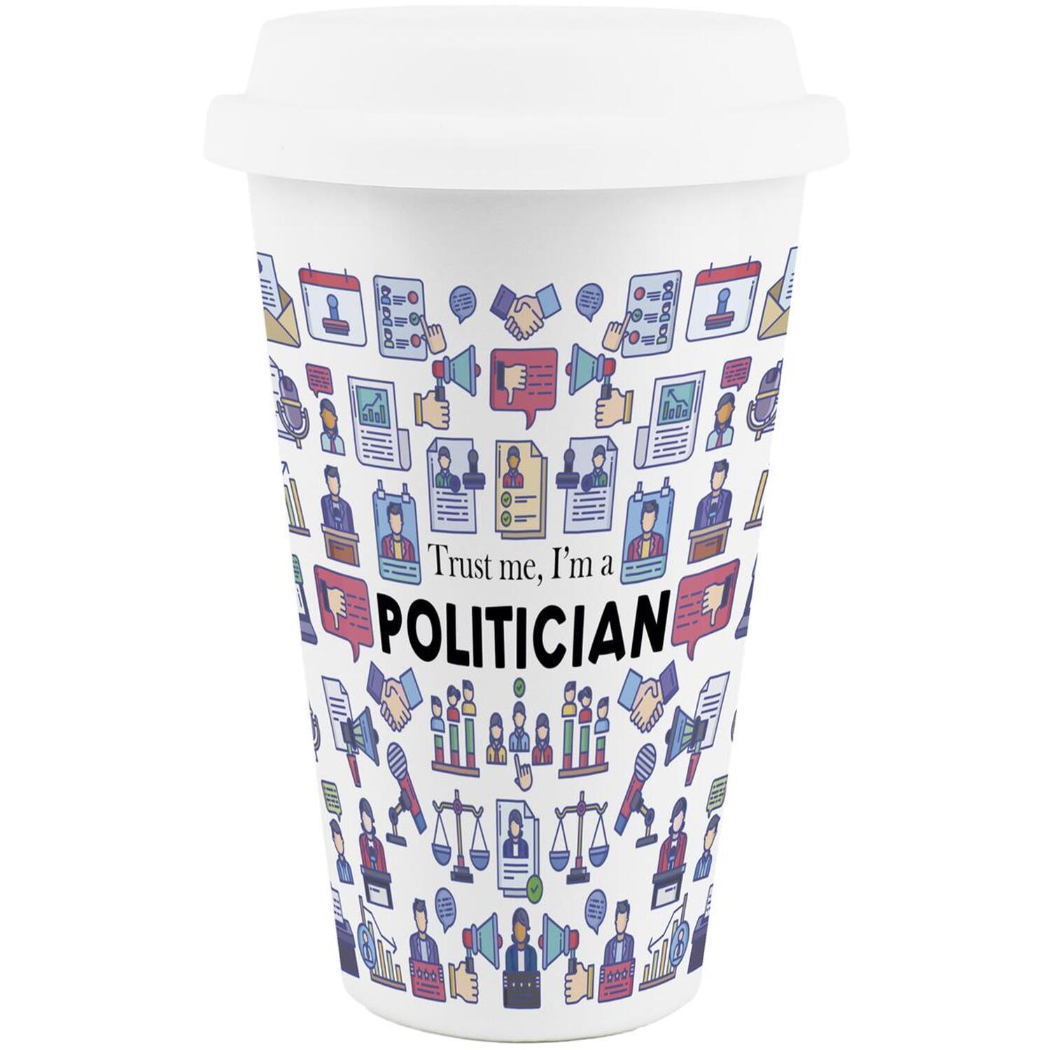 Purely Home Novelty Politician Ceramic Travel Mug - Reusable Drinks Cup Gift - White