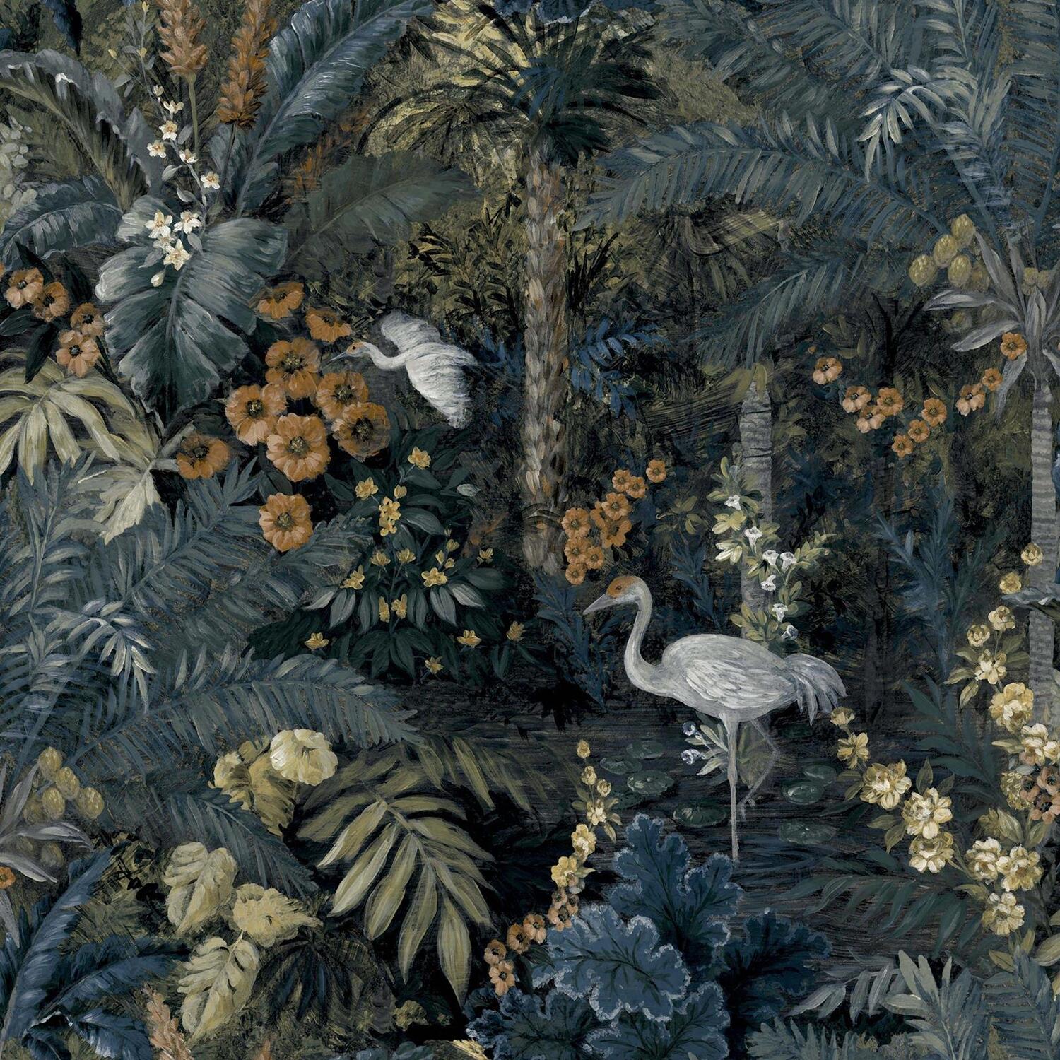 Navy Jungle Paradise Wallpaper Exotic Birds & Plants Wildflowers Feature Wall - Image 2