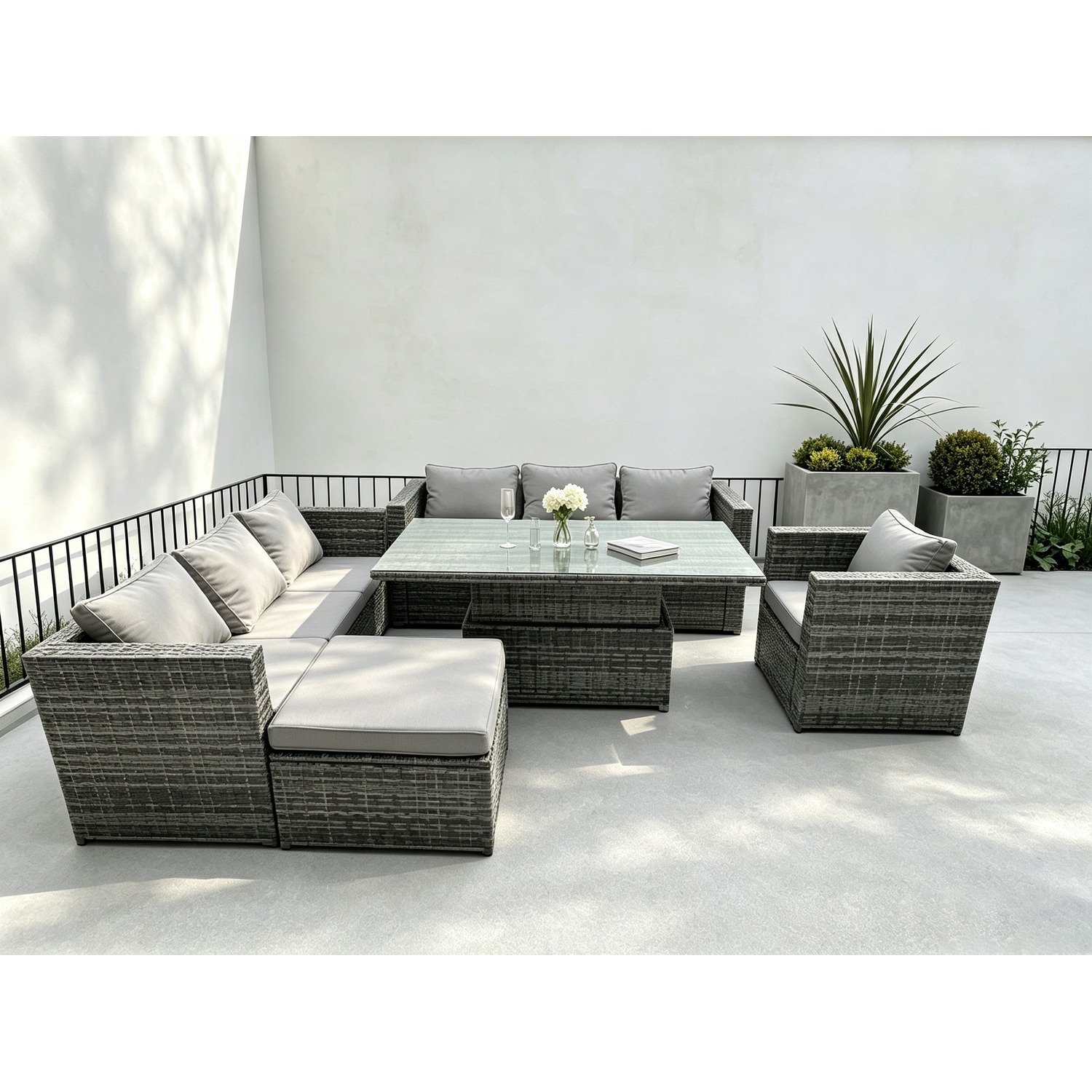 Fimous Dark/Grey 8 Seater?Outdoor Rattan Sofa Set Adjustable Rising Lifting Dining Table Side Coffee Table Chairs Footstool Mixed - Image 2