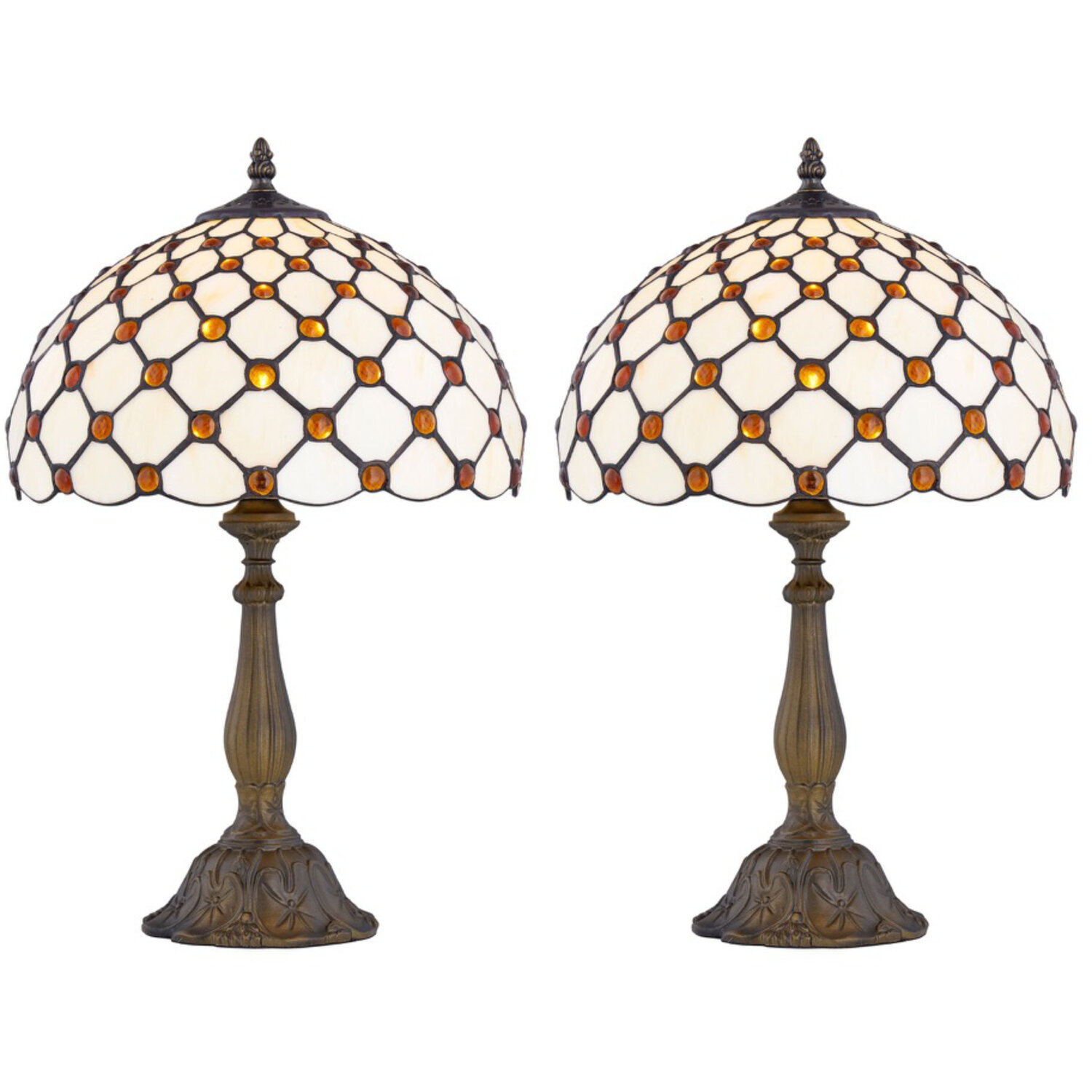 First Choice Lighting Set Of 2 Nicolson Table Lamp With Shades - Antique Brass & Multi Coloured