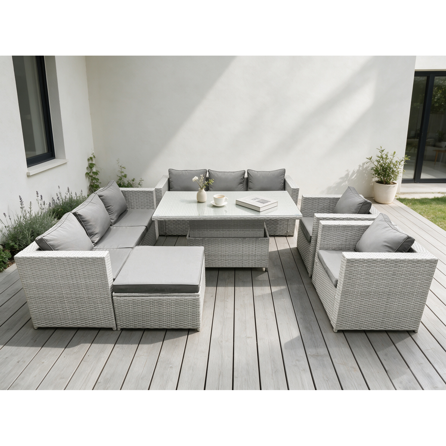 Fimous Rattan Garden Funiture Set Height Lounge Sofa 2 Arm Chair Footstool - Light Grey Mixed