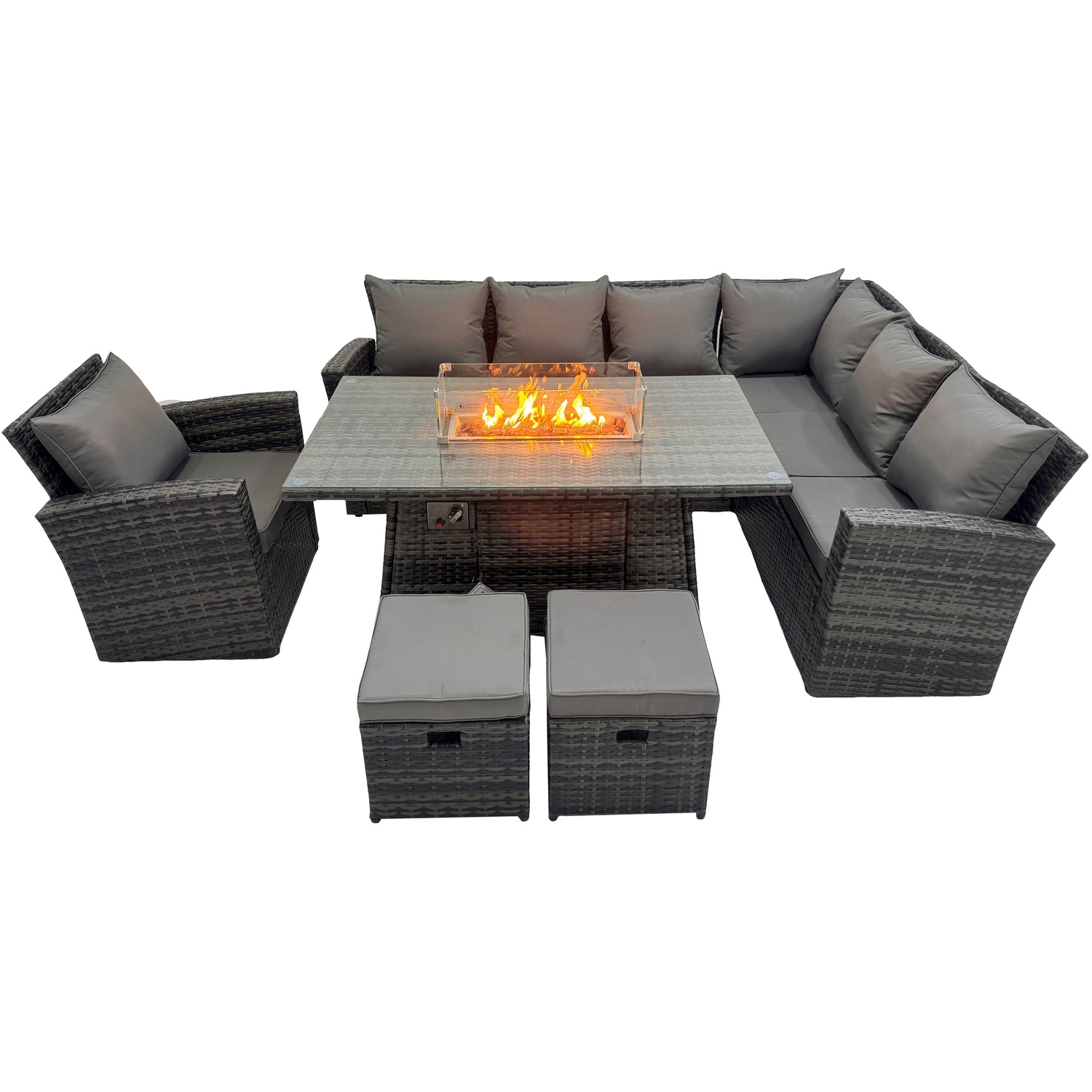 Rackhams Dark/Grey High Back Rattan Garden Furniture Sets Gas Fire Pit Dining Table Gas Heater Set Corner Sofa Small Footstools Chair 9 Seater - Image 2